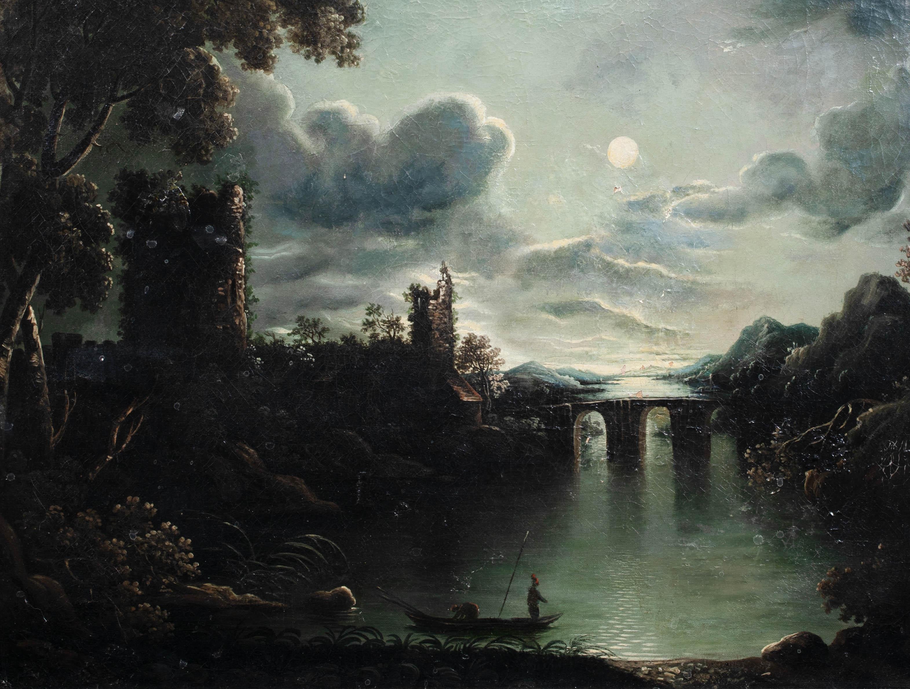Moonlit River Landscape, 19th Century  Circle of Sebastian PETHER (1790-1844)  1