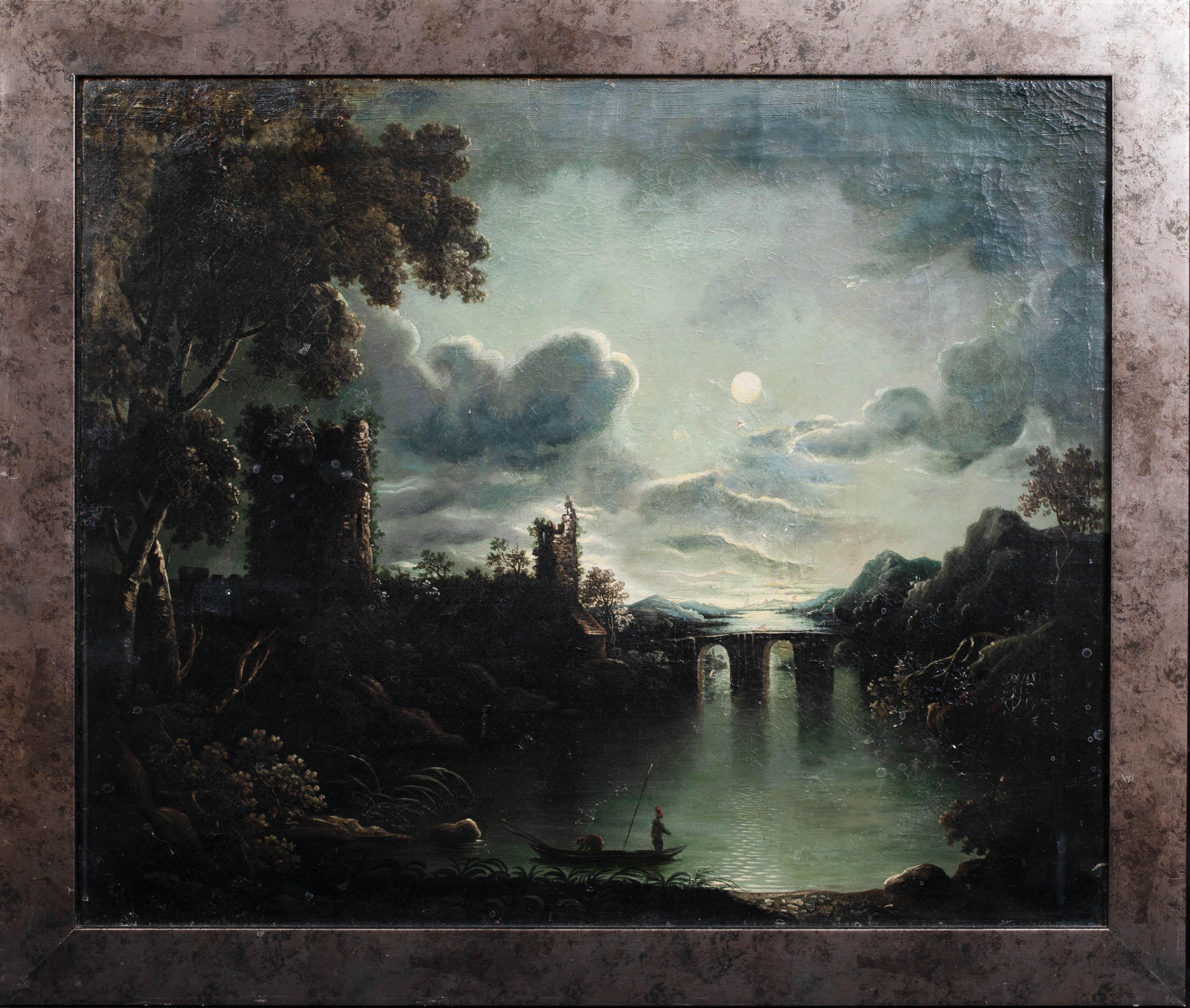 Abraham Pether Landscape Painting - Moonlit River Landscape, 19th Century  Circle of Sebastian PETHER (1790-1844) 