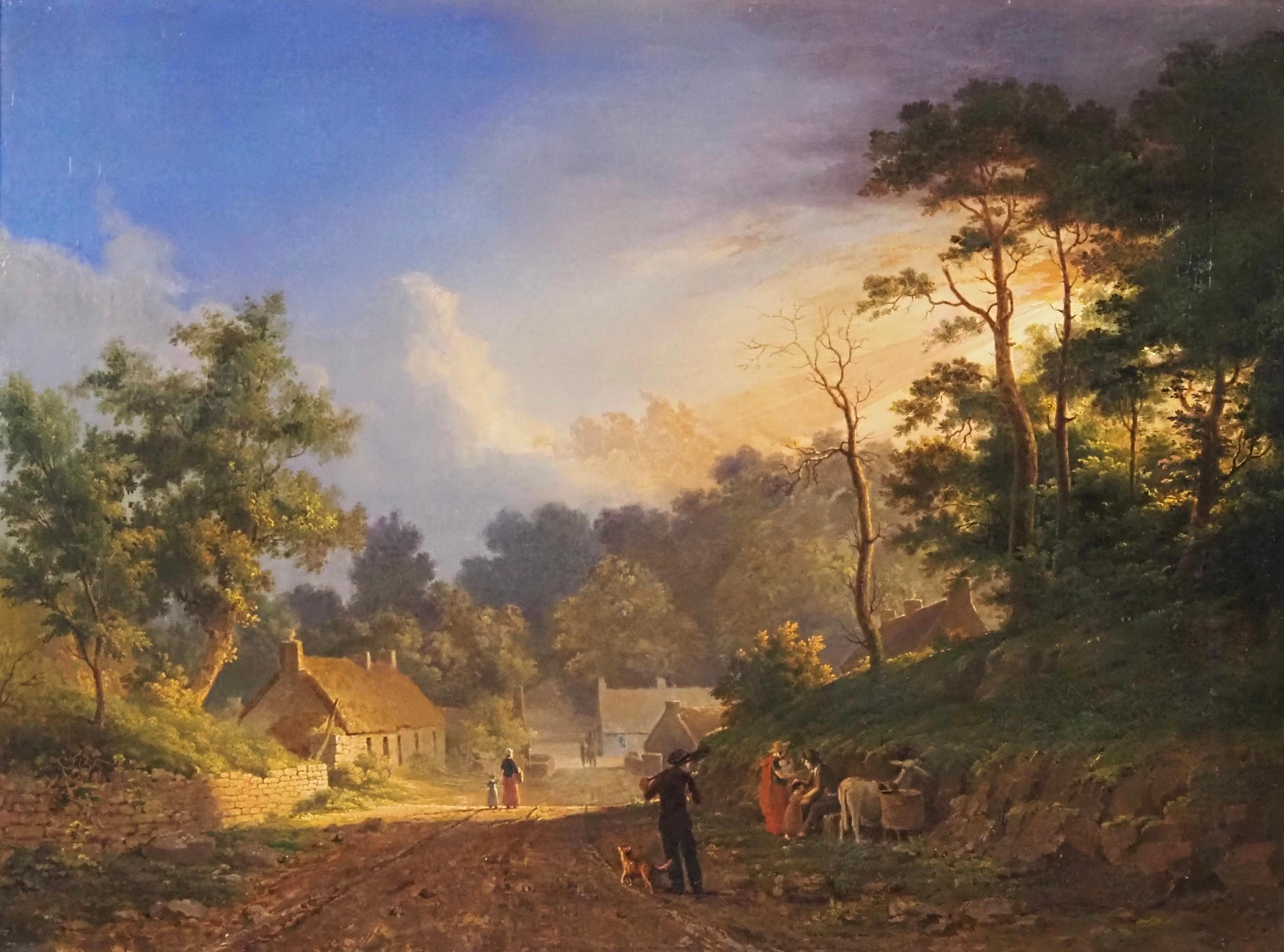 Sunset over a rural landscape - Painting by Abraham Pether