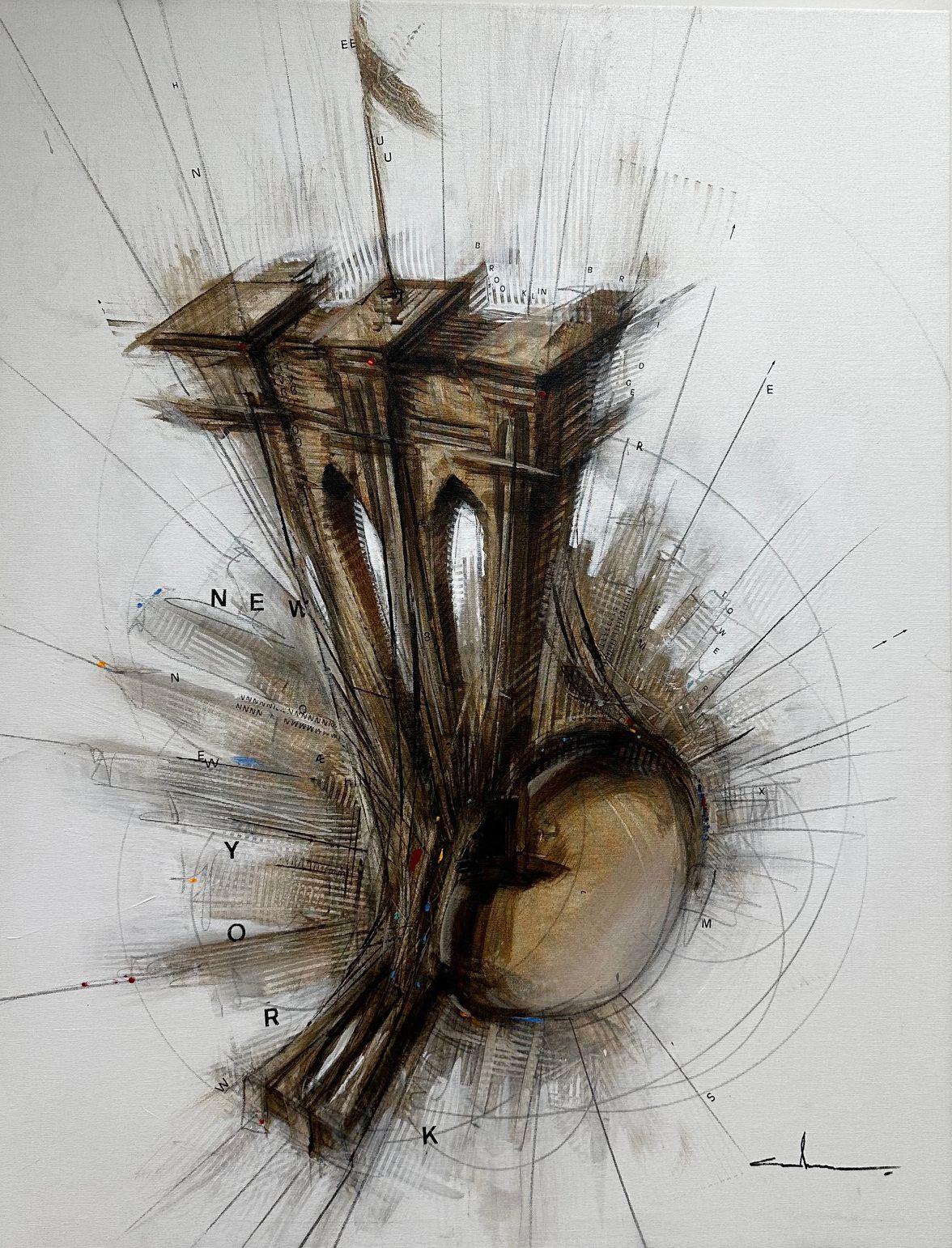 Abraham Pinto, "Puente de Brooklyn" 36x28" Paisaje urbano Pintura sobre lienzo