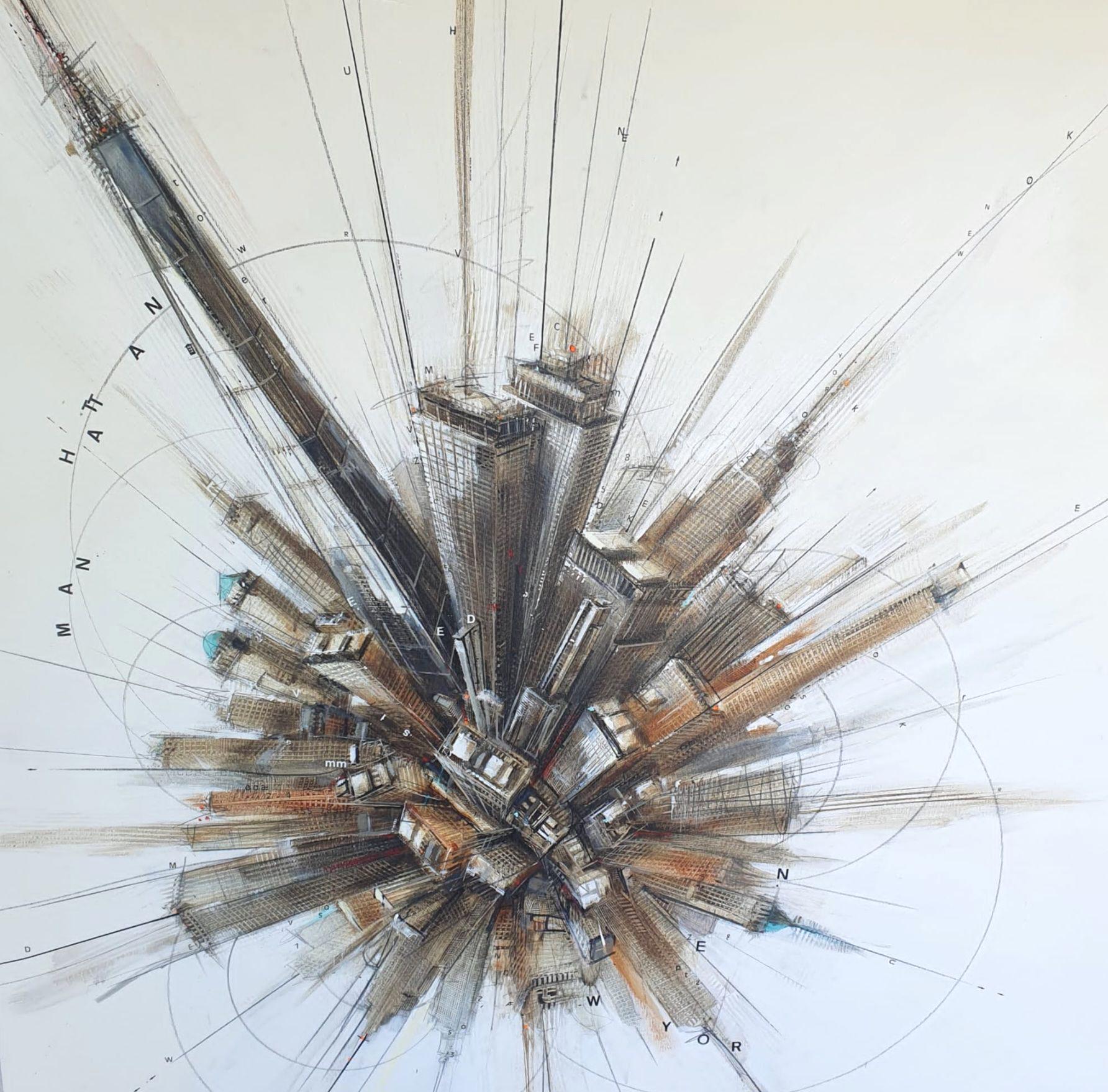 Abraham Pinto, "Manhattan" 46x46" Paisaje urbano de NYC Pintura blanca neutra