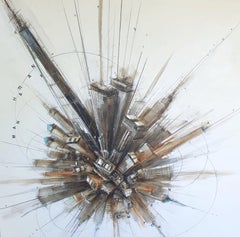 Abraham Pinto, "Manhattan" 46x46" Paisaje urbano de NYC Pintura blanca neutra