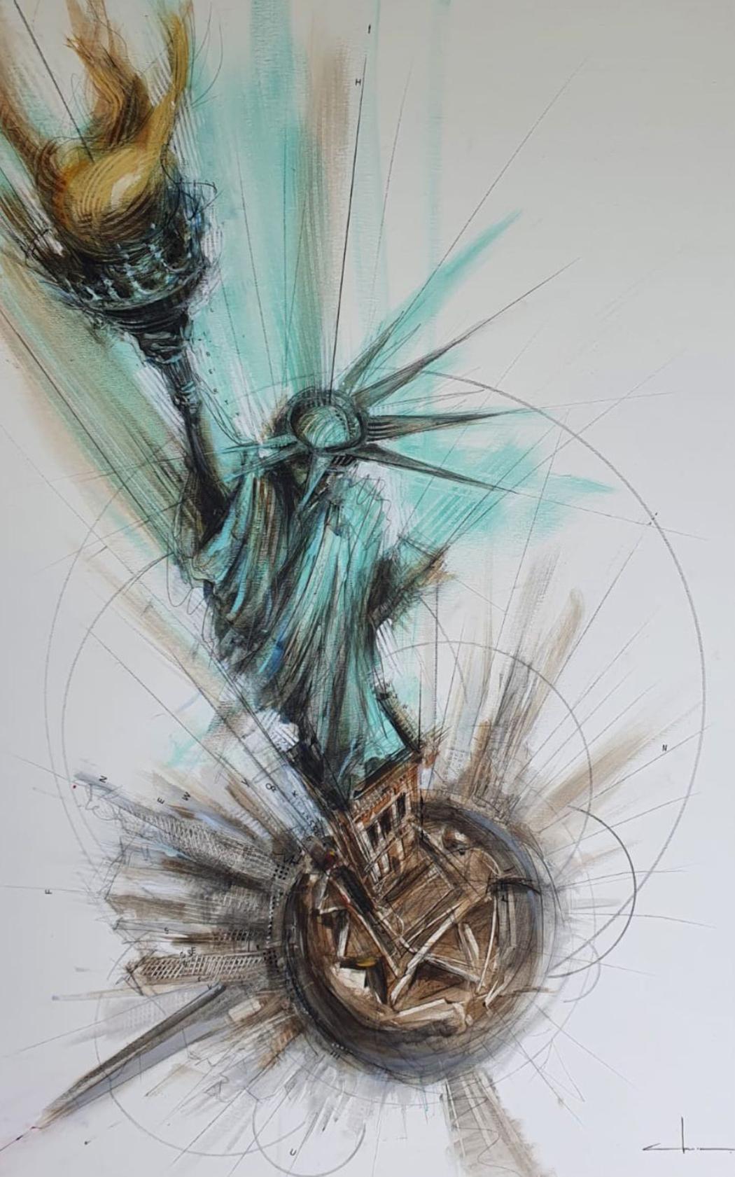 Peinture urbaine de la Statue de la Liberté « Miss Liberty » d'Abraham Pinto, 46x30"
