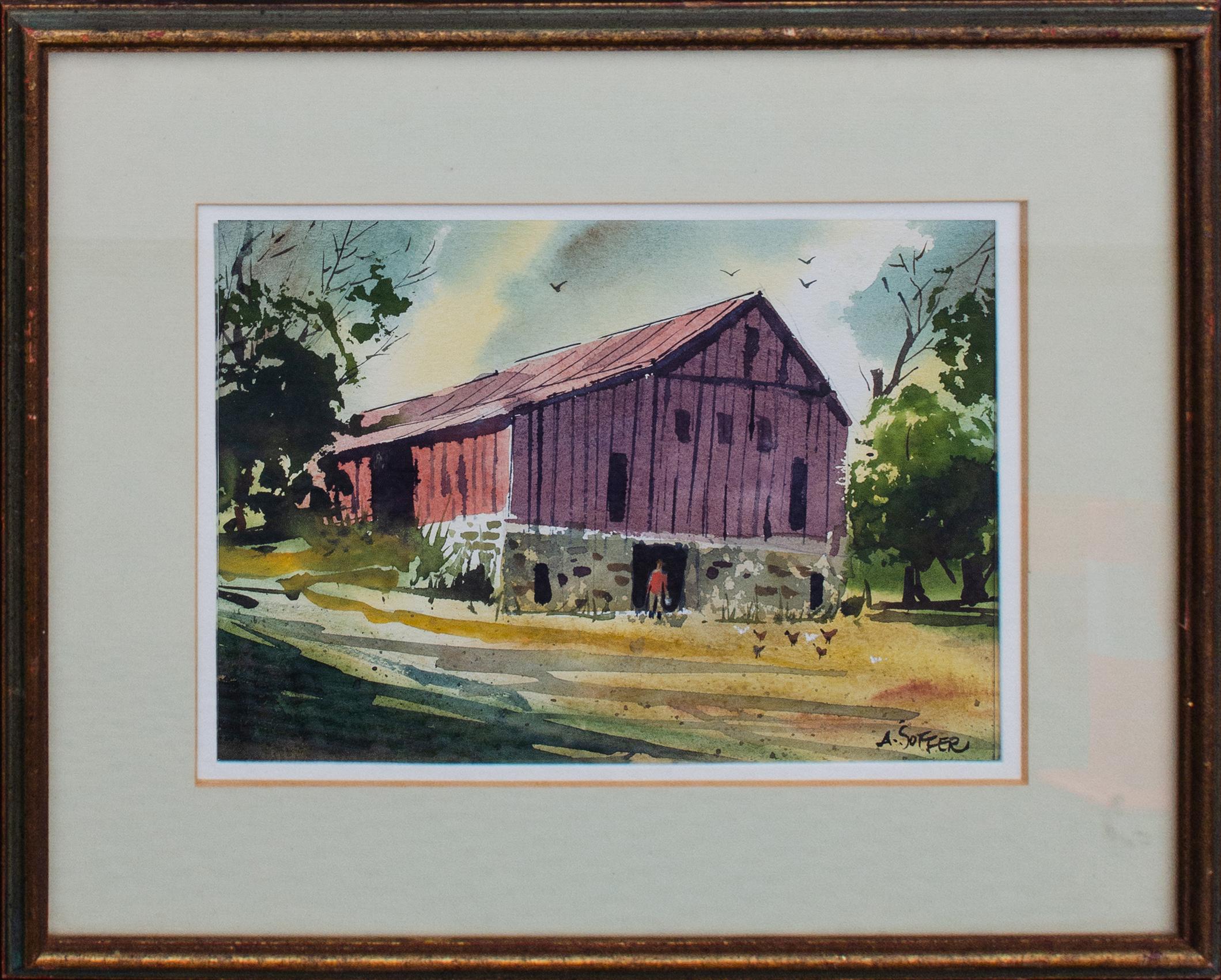 Countryside Barn Watercolor by Abraham Soffer For Sale 1