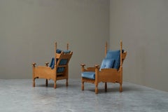 Paire de chaises longues Abraham Sprij en chêne massif et velours bleu des années 1960