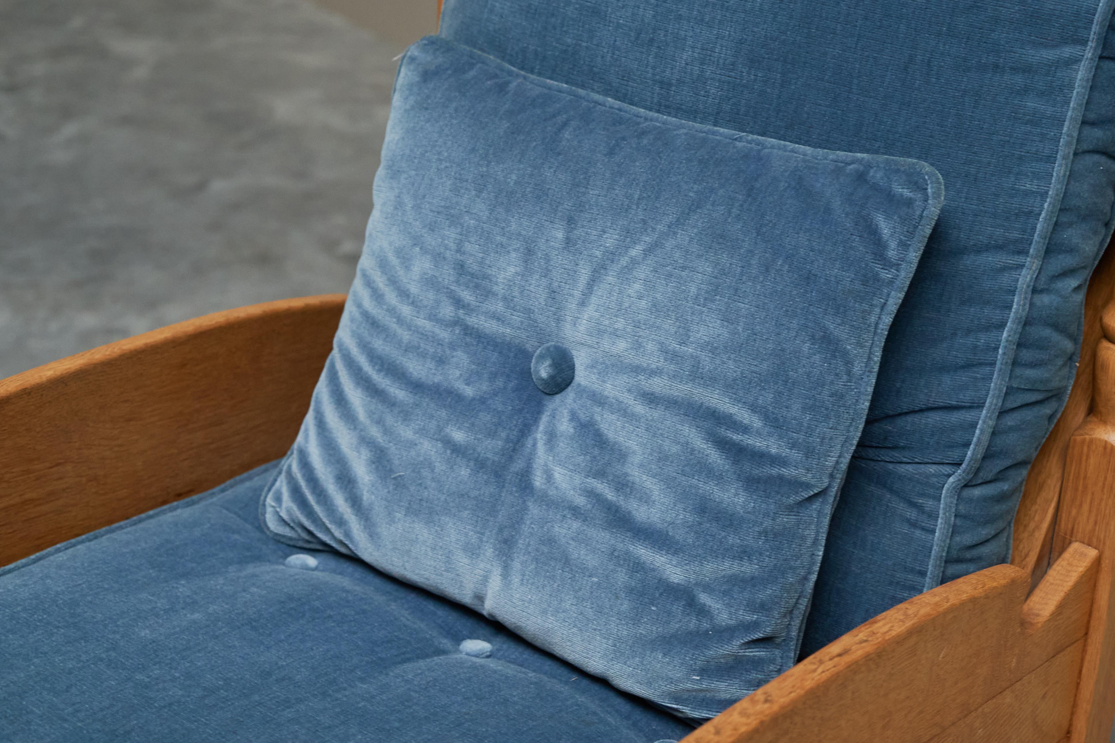 Abraham Sprij Pair of Lounge Chairs in Solid Oak and Blue Velvet 1960s For Sale 1