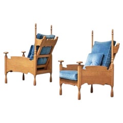 Paire de chaises longues Abraham Sprij en chêne massif et velours bleu des années 1960