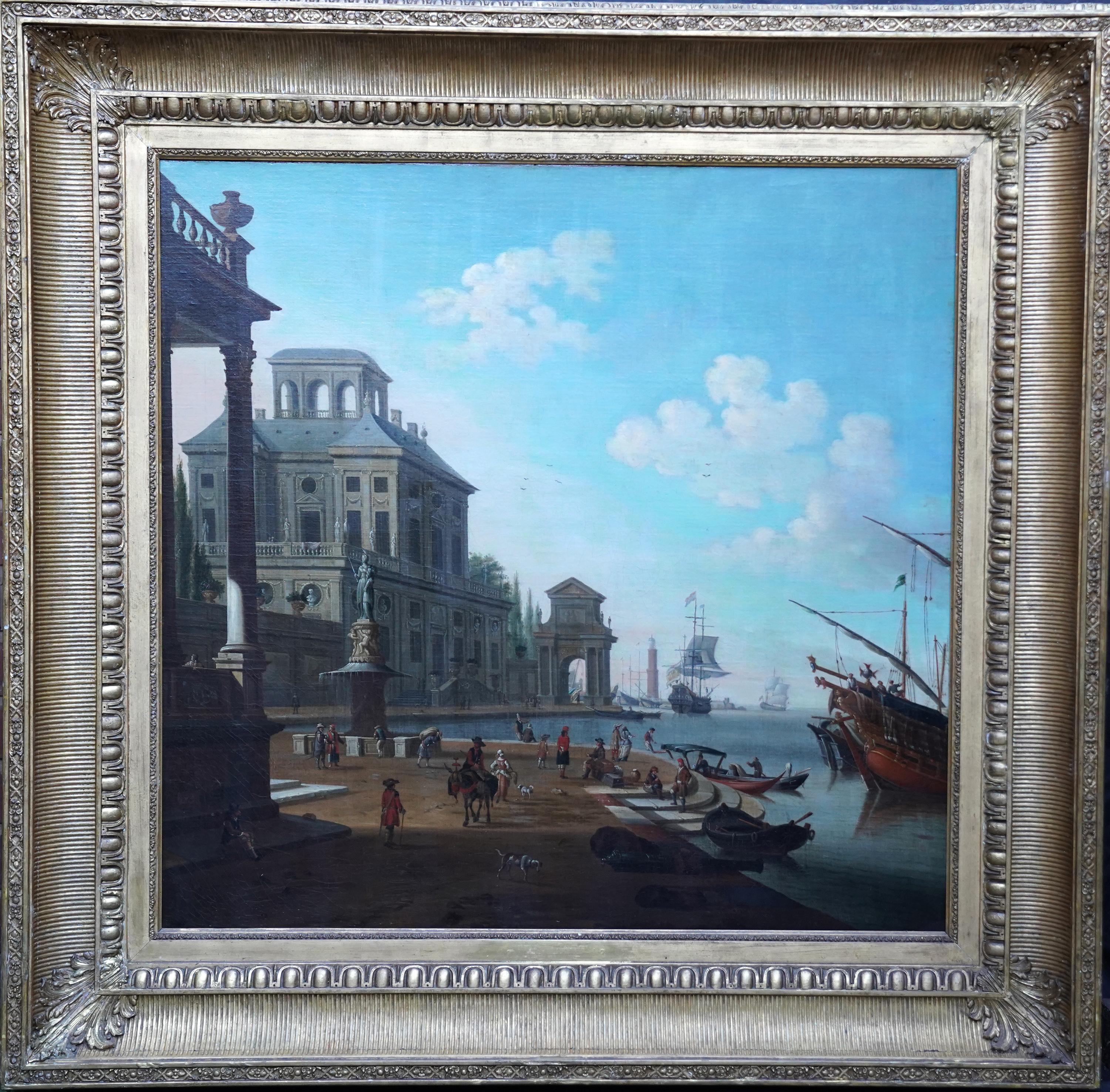 Italienischer Hafen mit Figuren am Kai - Italienisches Marine-Ölgemälde aus dem 18. im Angebot 11