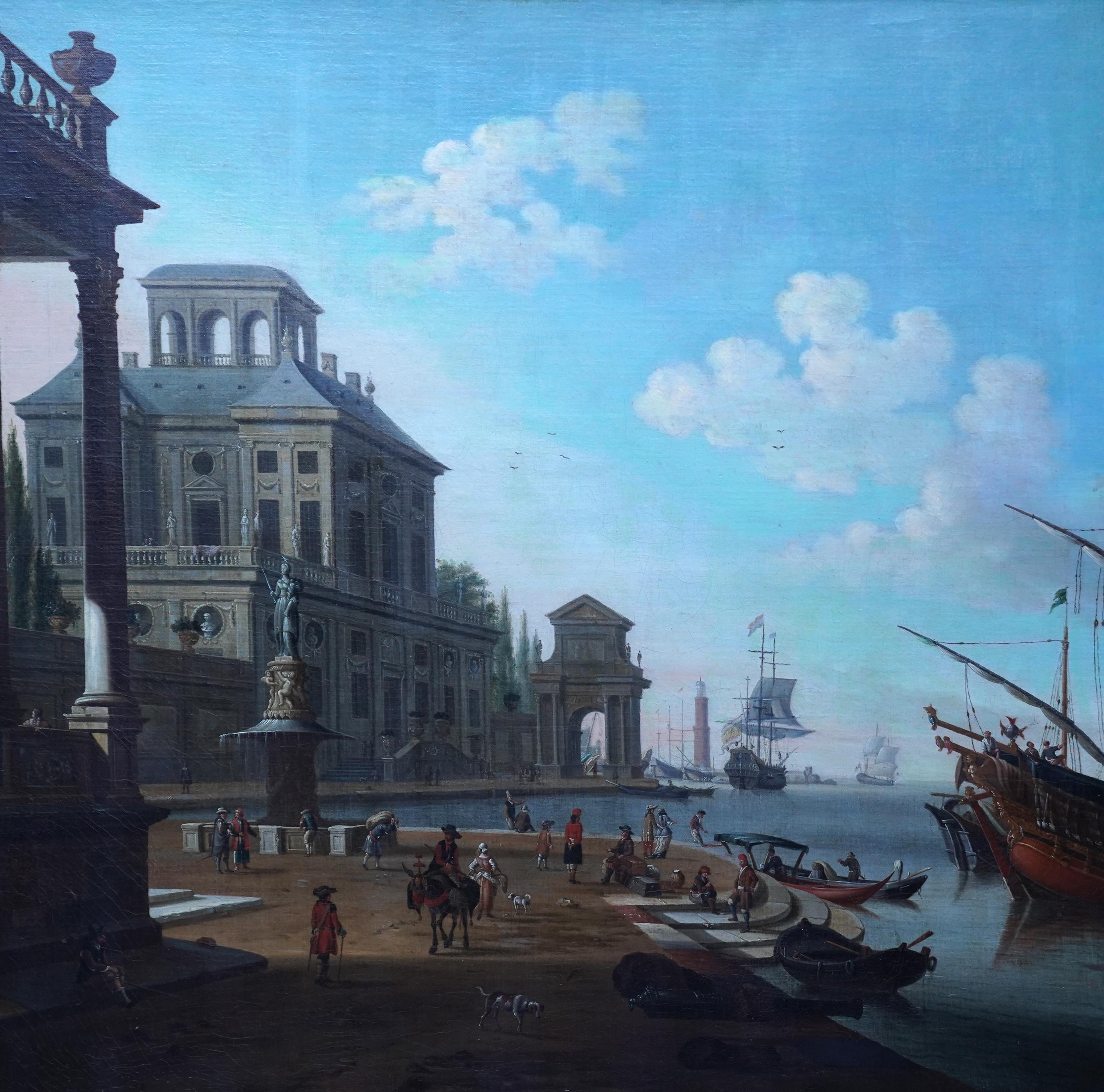 Italienischer Hafen mit Figuren am Kai - Italienisches Marine-Ölgemälde aus dem 18. – Painting von Abraham Storck 