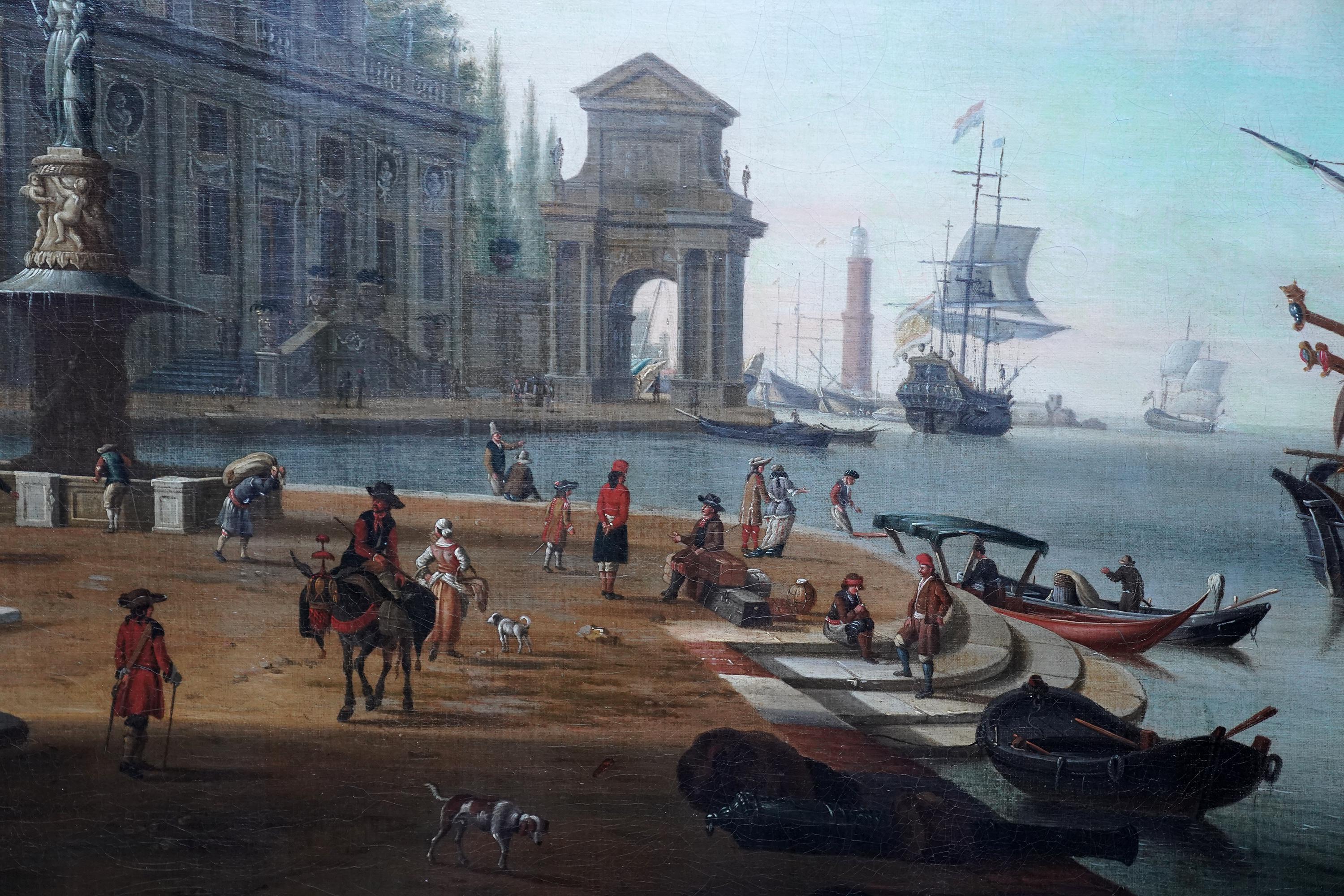 Italienischer Hafen mit Figuren am Kai - Italienisches Marine-Ölgemälde aus dem 18. (Alte Meister), Painting, von Abraham Storck 