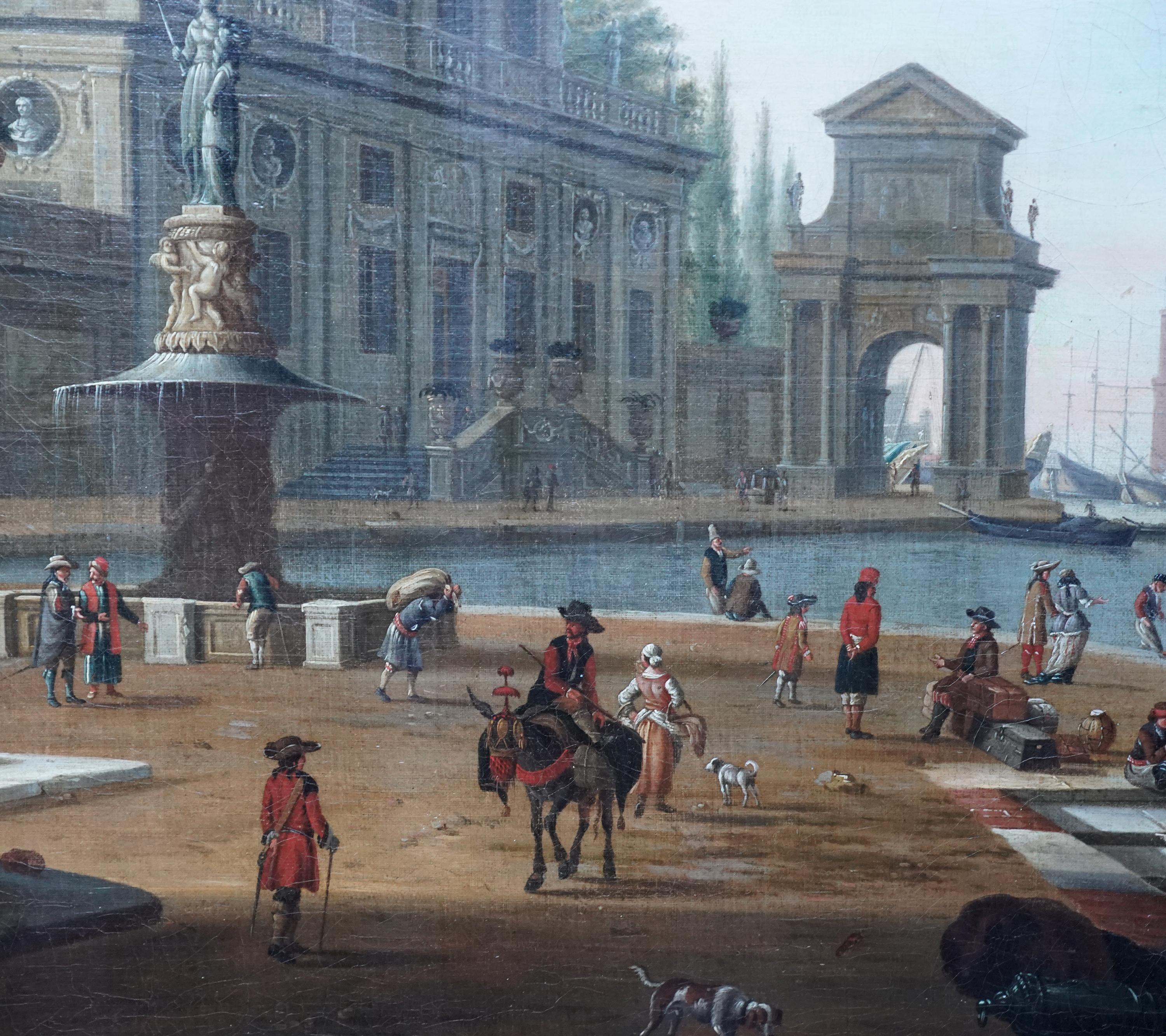 Italienischer Hafen mit Figuren am Kai - Italienisches Marine-Ölgemälde aus dem 18. (Grau), Figurative Painting, von Abraham Storck 