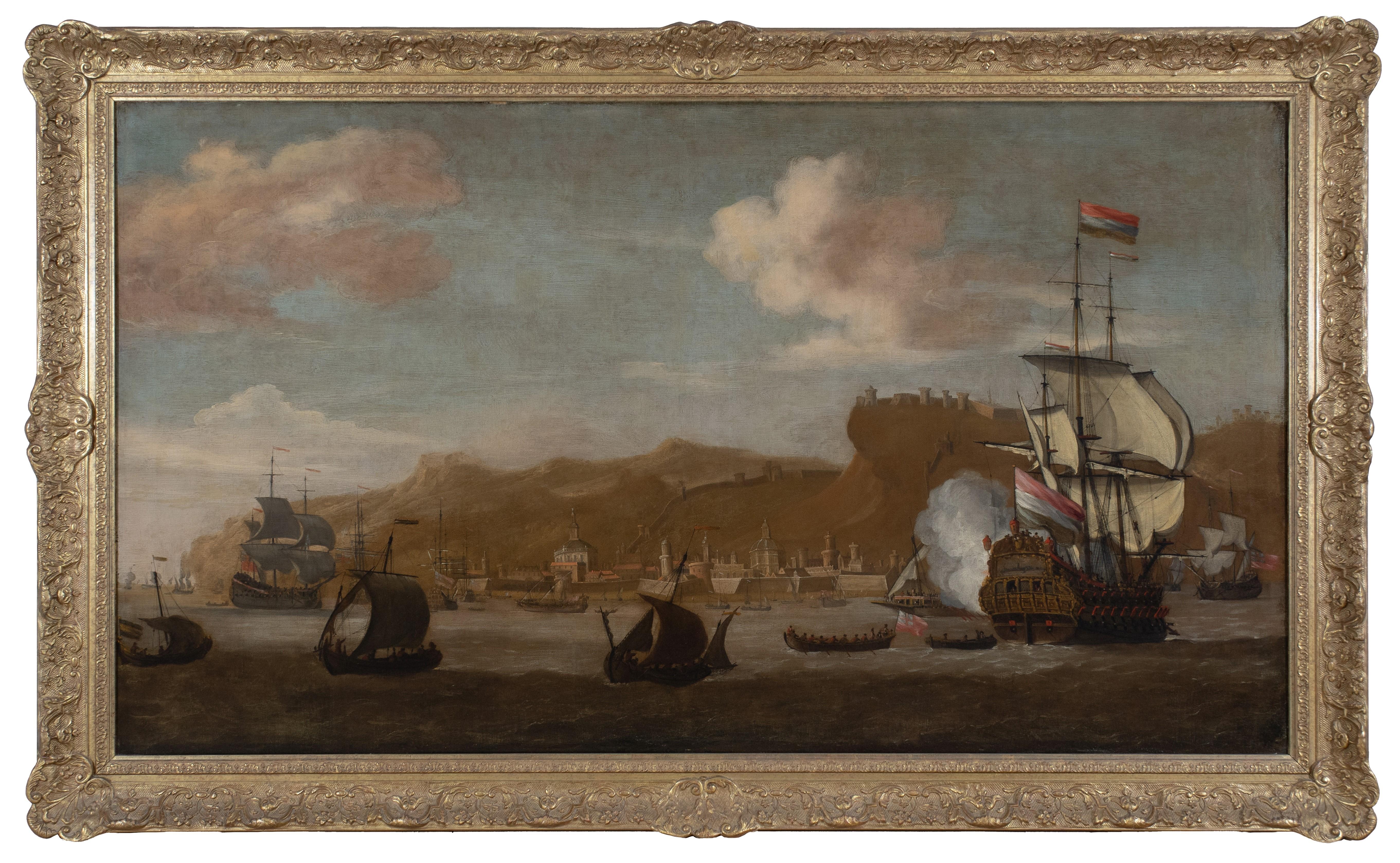 Landscape Painting di Abraham Storck - Enorme dipinto ad olio del XVII secolo di Marin, vecchio maestro, che dipinge il porto di Genova con i cannoni