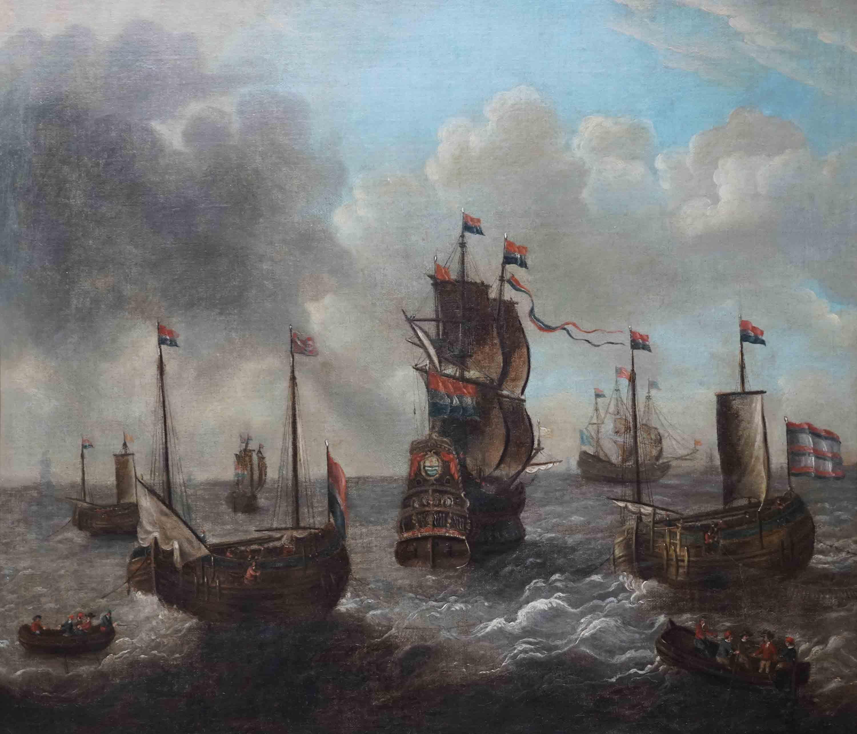 Ships Heading to Sea - Dutch 17th century Old Master marine art oil painting - Painting by Abraham Storck