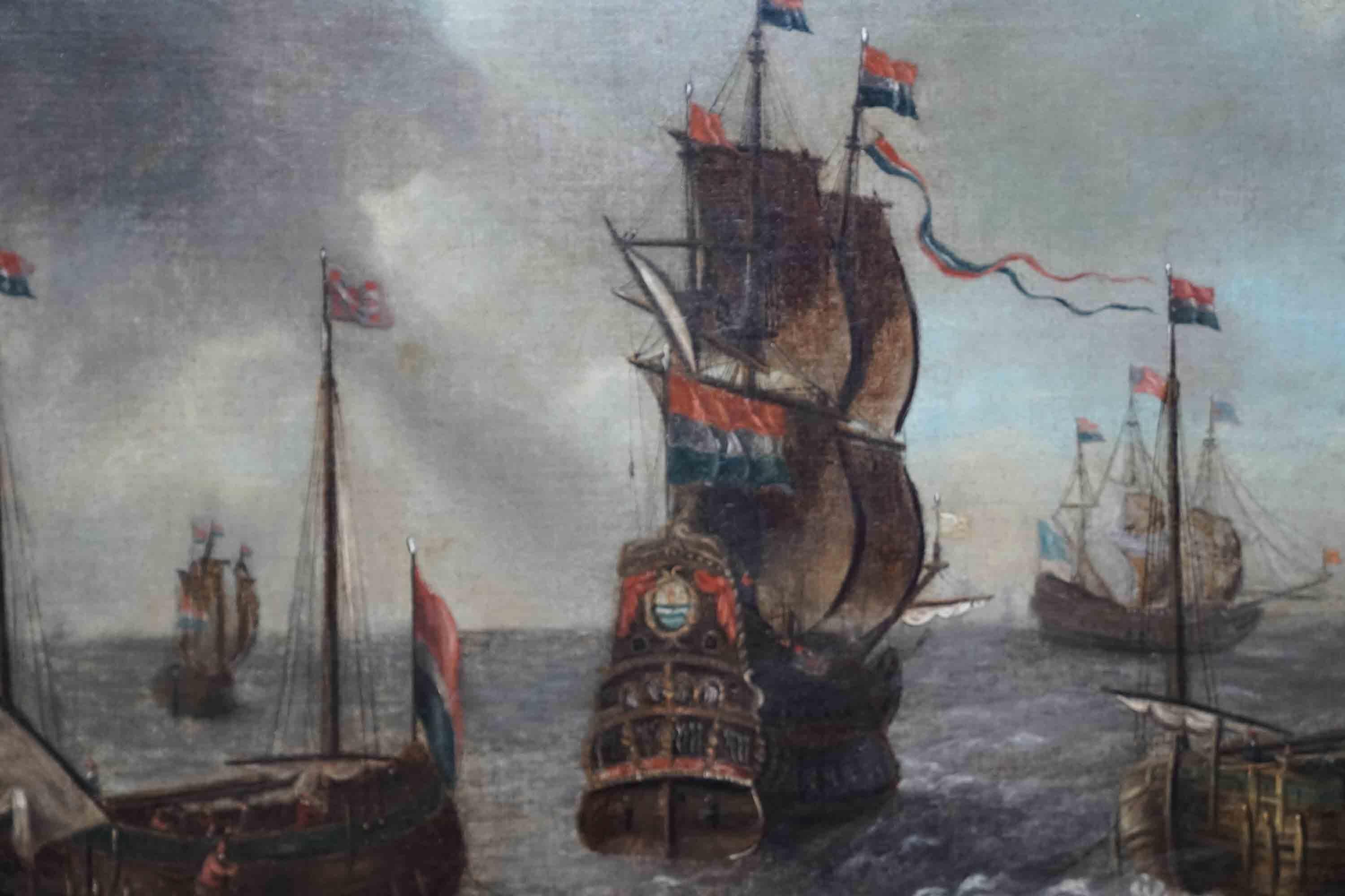 Dieses fantastische niederländische Altmeister-Ölgemälde ist ein Werk des bekannten niederländischen Marinemalers Abraham Storck. Die um 1670 entstandene Komposition zeigt eine Reihe von Schiffen, die in See stechen, mit wehenden Segeln und im Wind