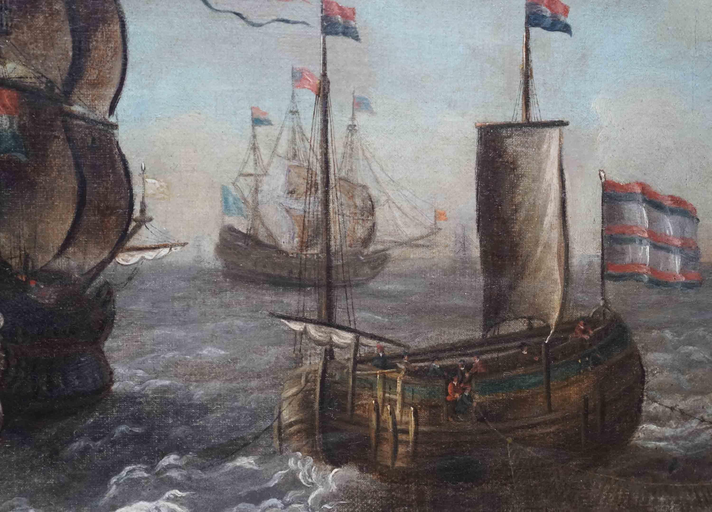 This fantastic Dutch Old Master marine oil painting is by noted Dutch marine artist Abraham Storck. Painted circa 1670 the composition is a number of ships heading out to sea, their sails billowing and banners and flags blowing in the wind. The sea