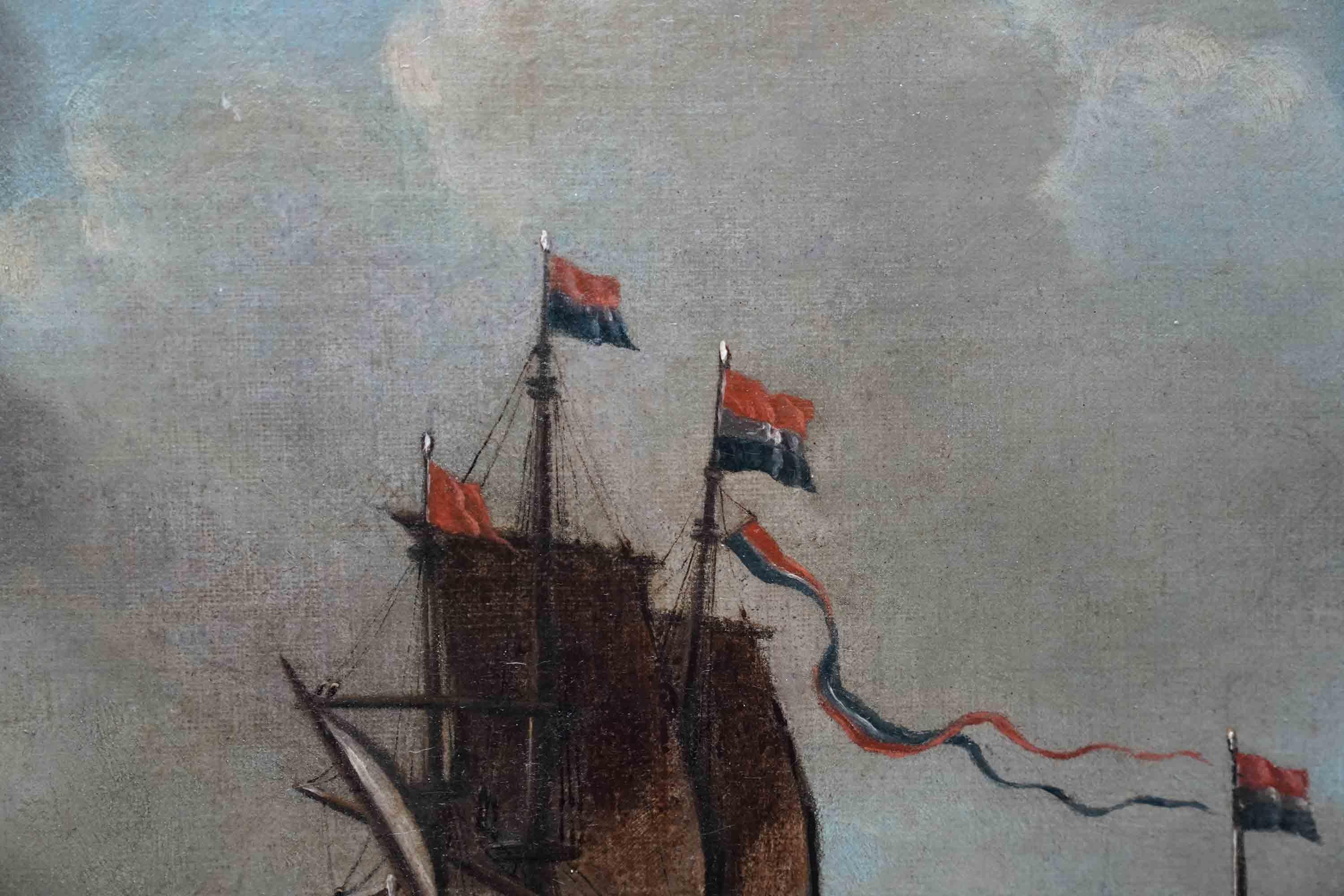 This fantastic Dutch Old Master marine oil painting is by noted Dutch marine artist Abraham Storck. Painted circa 1670 the composition is a number of ships heading out to sea, their sails billowing and banners and flags blowing in the wind. The sea