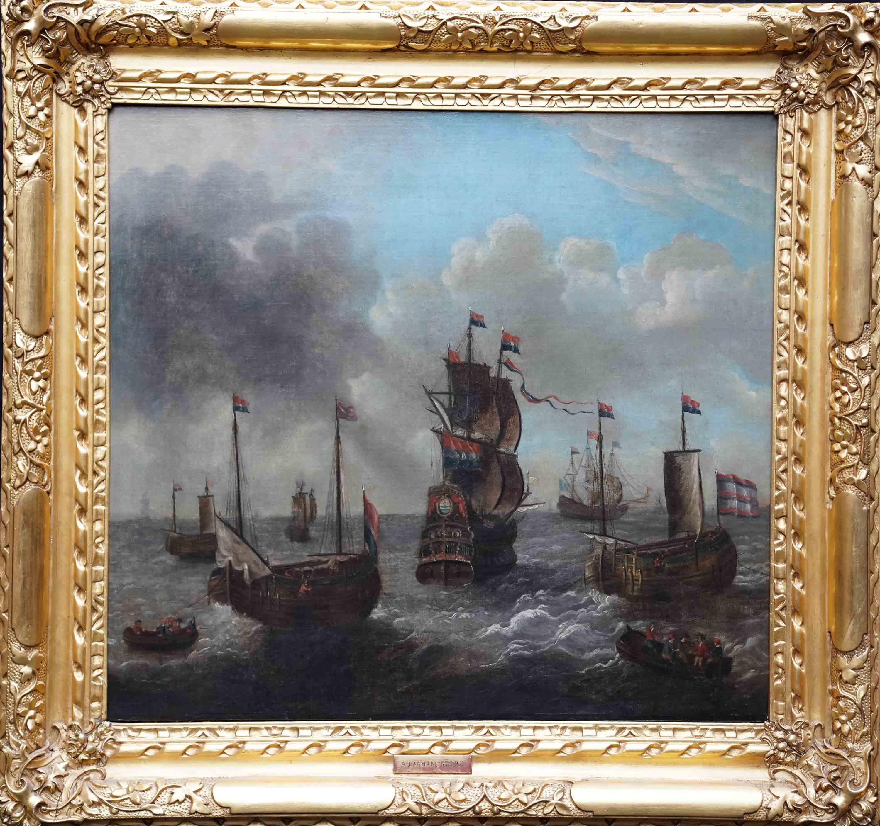 Abraham Storck Landscape Painting - Ships Heading to Sea - Dutch 17th century Old Master marine art oil painting