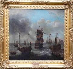 Navires se dirigeant vers la mer - peinture à l'huile de marine hollandaise du 17e siècle de l'ancien Masterly