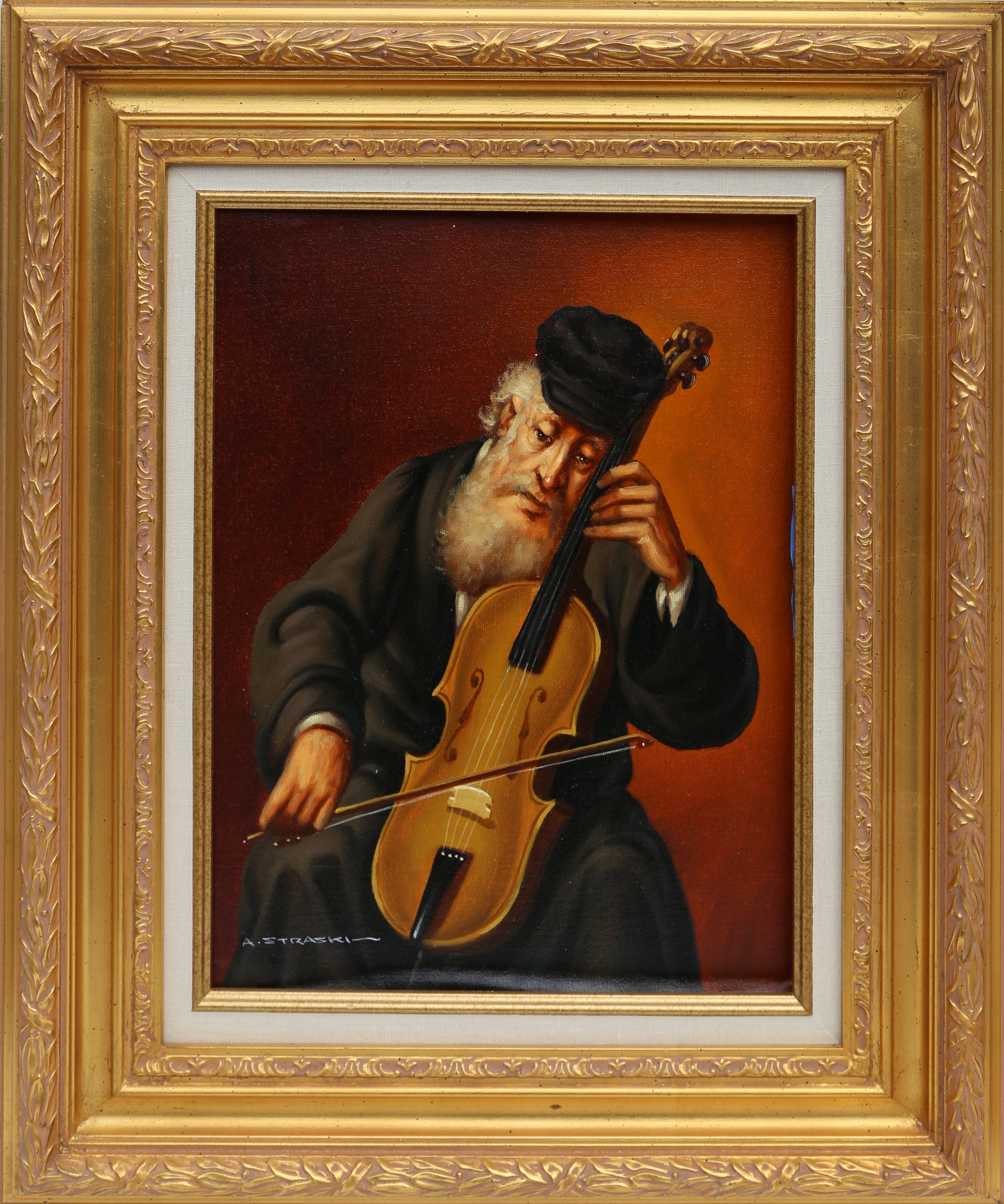 Homme juif jouant du violon (3-F)
Abraham Straski, polonais (1903-1987)
Date : 1952
Huile sur toile, signée et datée
Taille : 40,64 x 29,21 cm (16 x 11,5 in)
Taille du cadre : 24 x 19.5 pouces