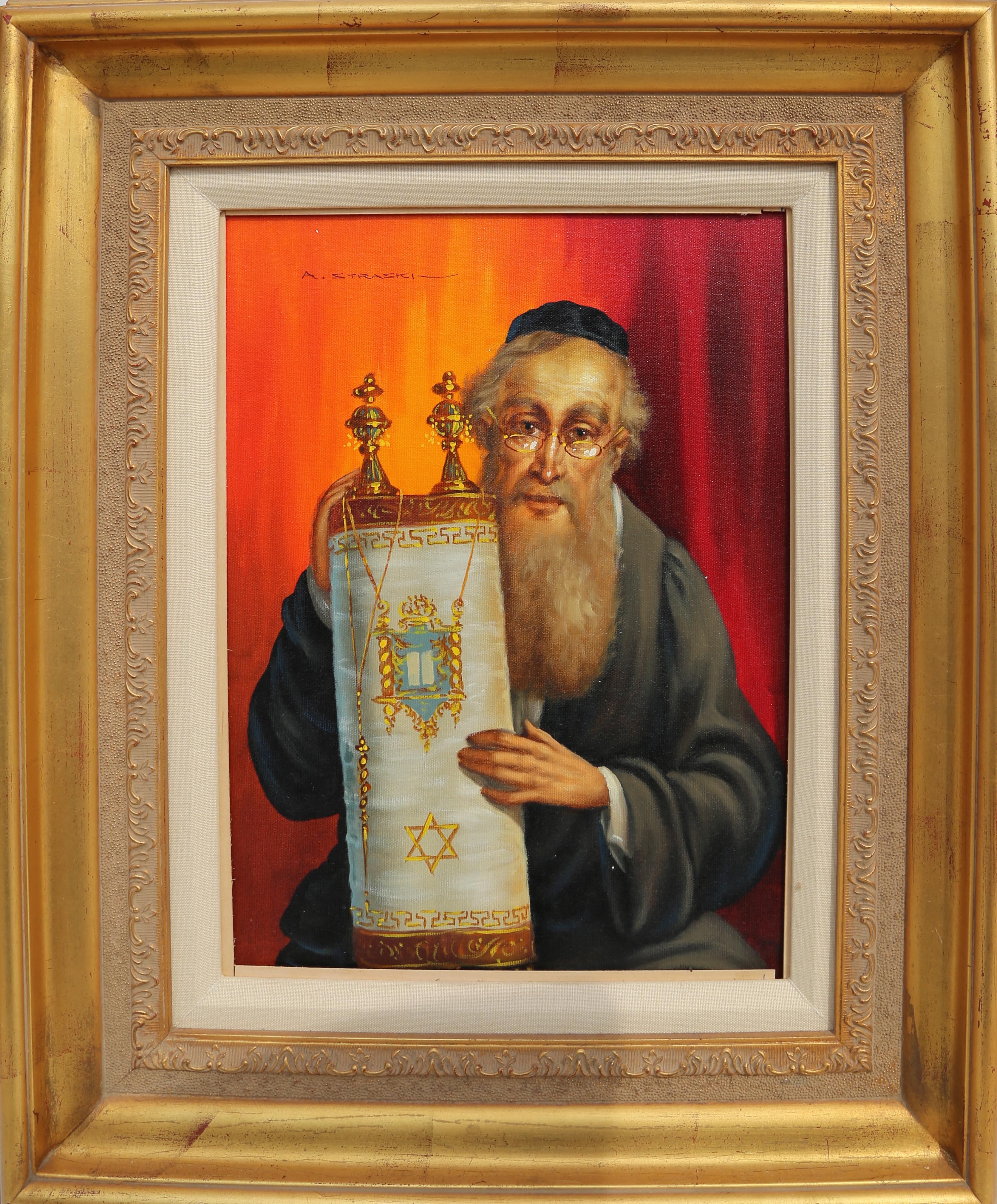 Artiste : Abraham Straski, polonais (1903 - 1987)
Titre : Rabbin et Torah
Année : vers 1957
Moyen : Huile sur toile, signé à gauche.
Taille de l'image : 16 x 12 pouces
Taille du cadre : 26 x 20 pouces
