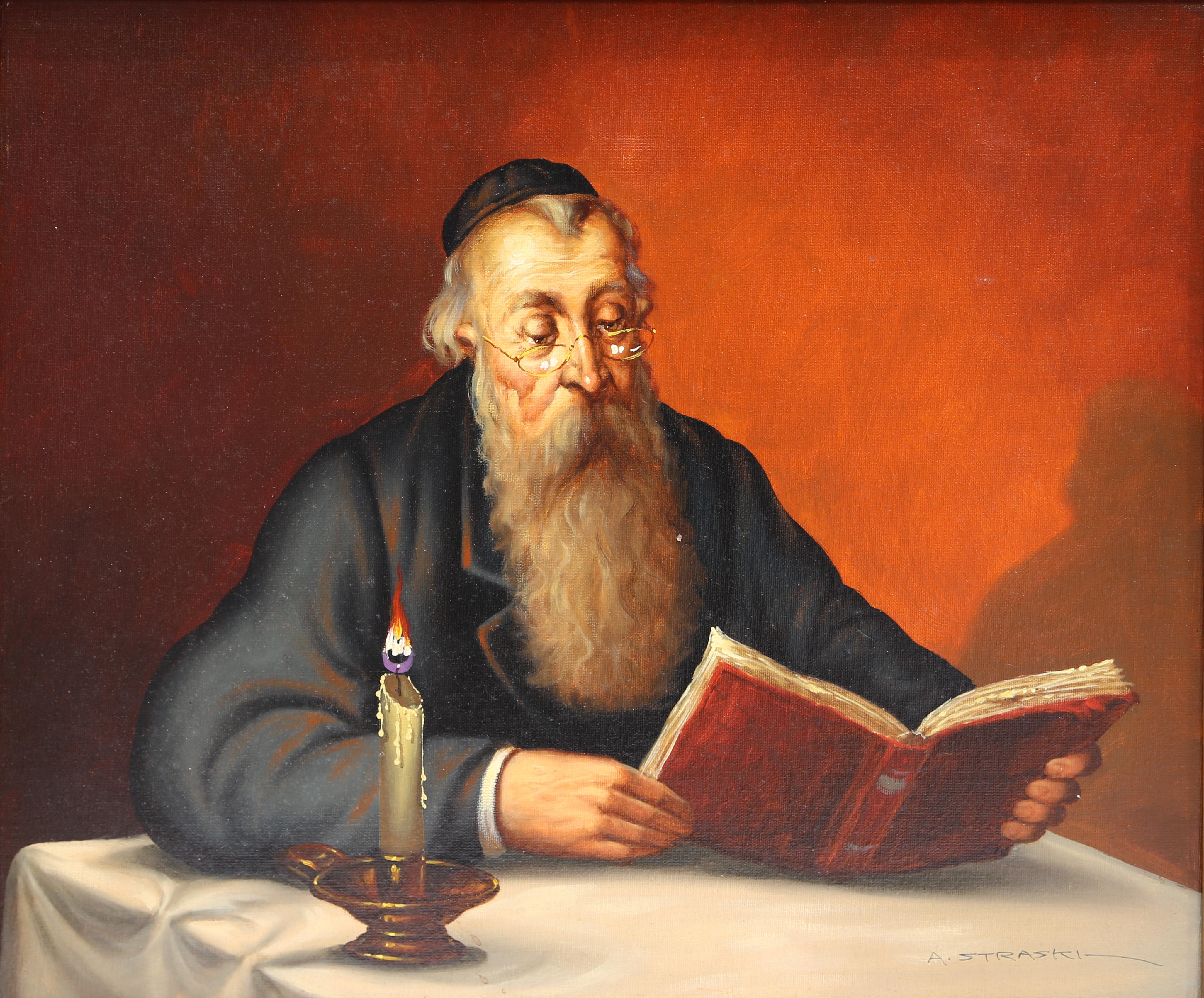 Rabbi Reading by Candlelight (9-F)
Abraham Straski, Polish (1903–1987)
Date: 1959
Oil on Canvas, signed and dated
Size: 20 x 23 in. (50.8 x 58.42 cm)
Frame Size: 31 x 34 inches