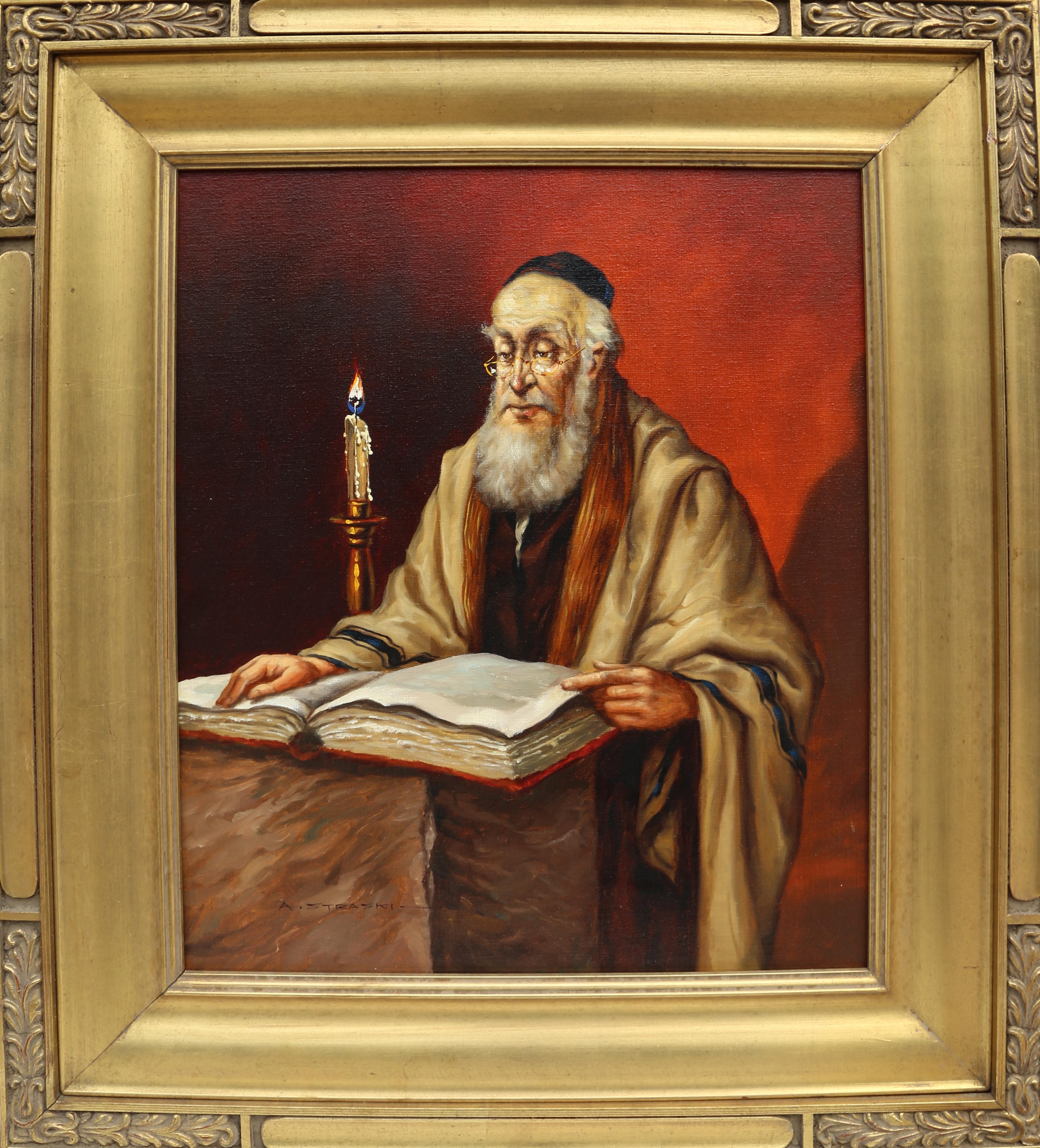 Lecture rabbinique à la bougie (6-F)
Abraham Straski, polonais (1903-1987)
Date : 1959
Huile sur toile, signée et datée
Taille : 58,42 x 48,26 cm (23 x 19 in.)
Taille du cadre : 33.5 x 29.5 pouces