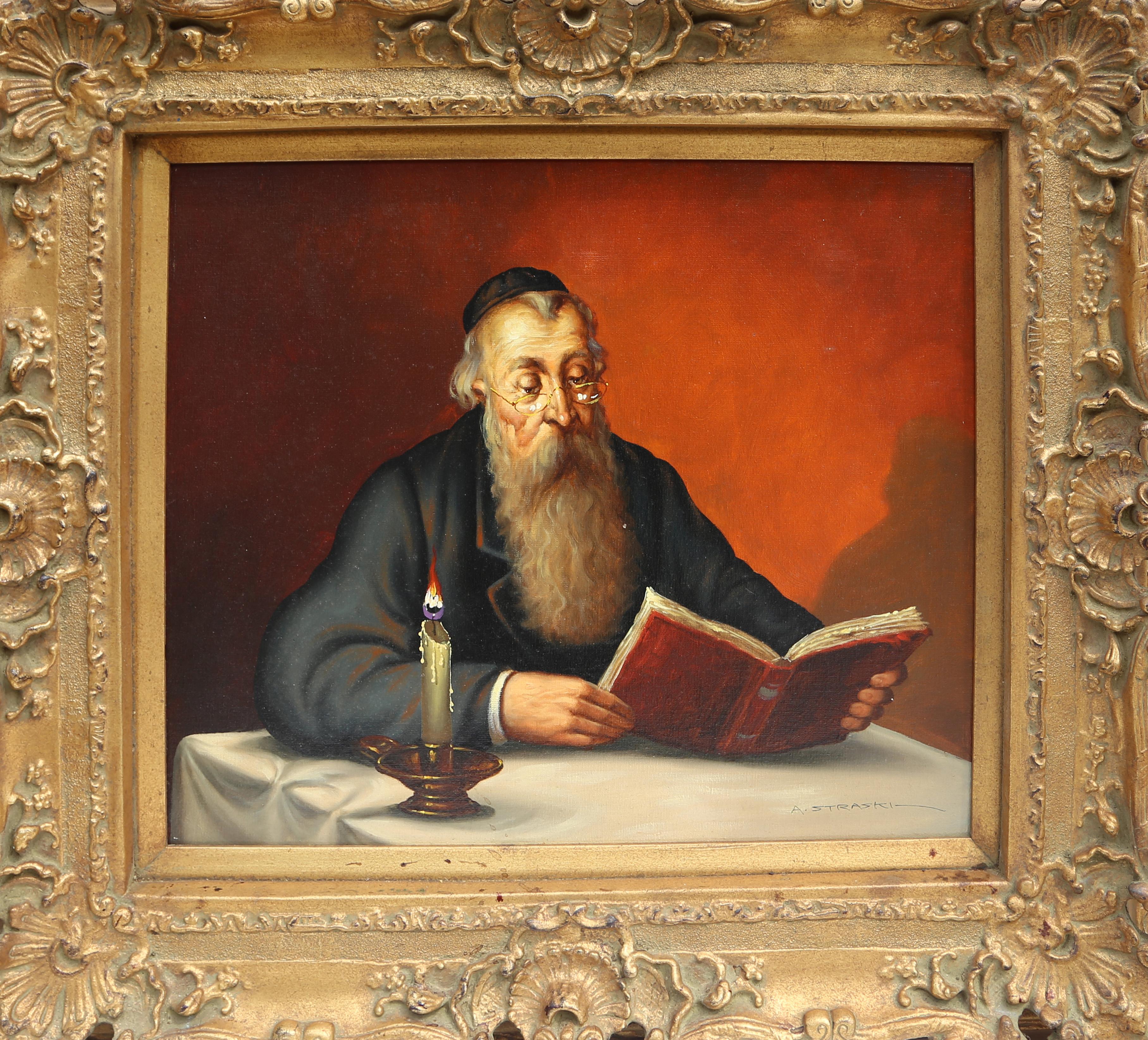 Lecture rabbinique à la bougie (9-F)
Abraham Straski, polonais (1903-1987)
Date : 1959
Huile sur toile, signée et datée
Taille : 50,8 x 58,42 cm (20 x 23 in.)
Taille du cadre : 31 x 34 pouces