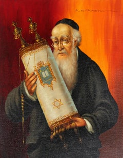 Rabbi with Torah (L), Signed Oil on Canvas by Abraham Straski