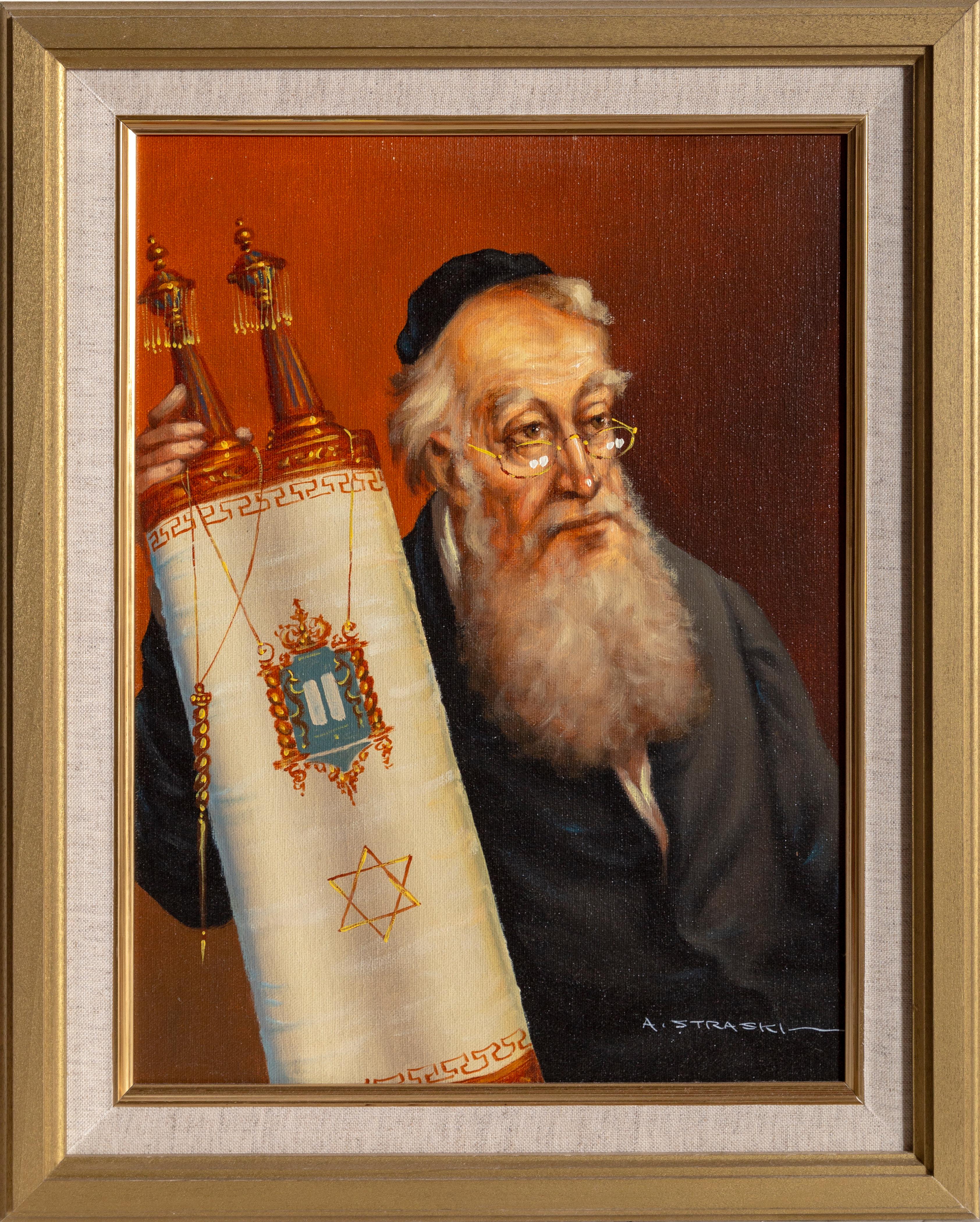Rabbin avec Torah
Abraham Straski, polonais (1903-1987)
Date : 1950
Huile sur toile sur bois, signée et datée
Taille : 40,64 x 30,48 cm (16 x 12 in)
Taille du cadre : 19.5 x 15.5 pouces
