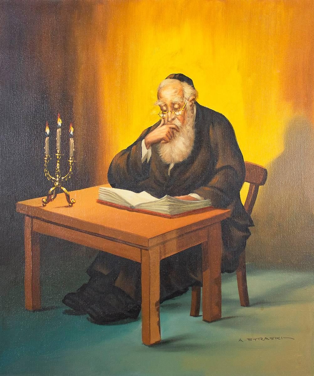 Abraham Straski Figurative Painting - Rare Judaica Rabbi Painting 