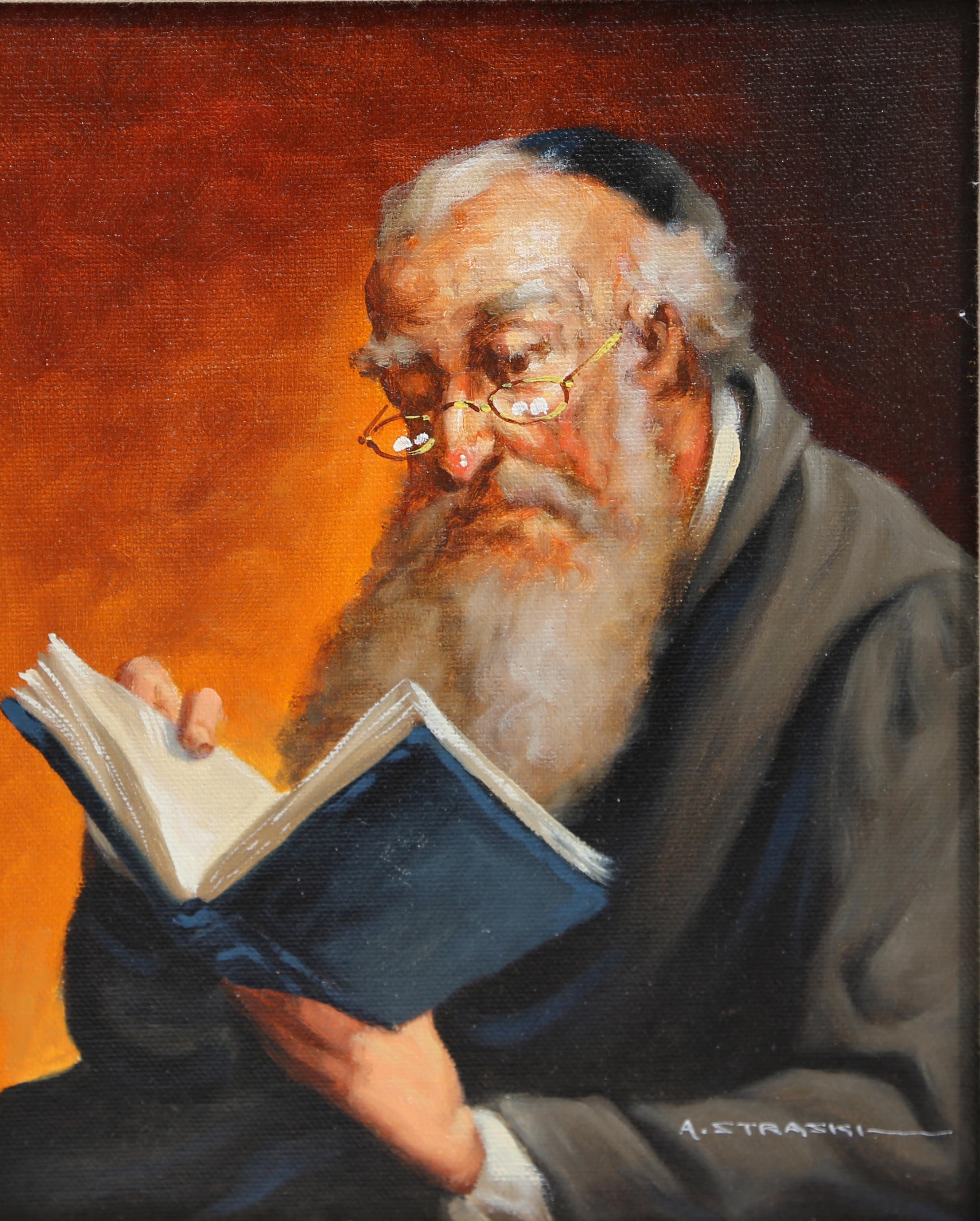 Reading Rabbi, peinture à l'huile d'Abraham Straski en vente 1