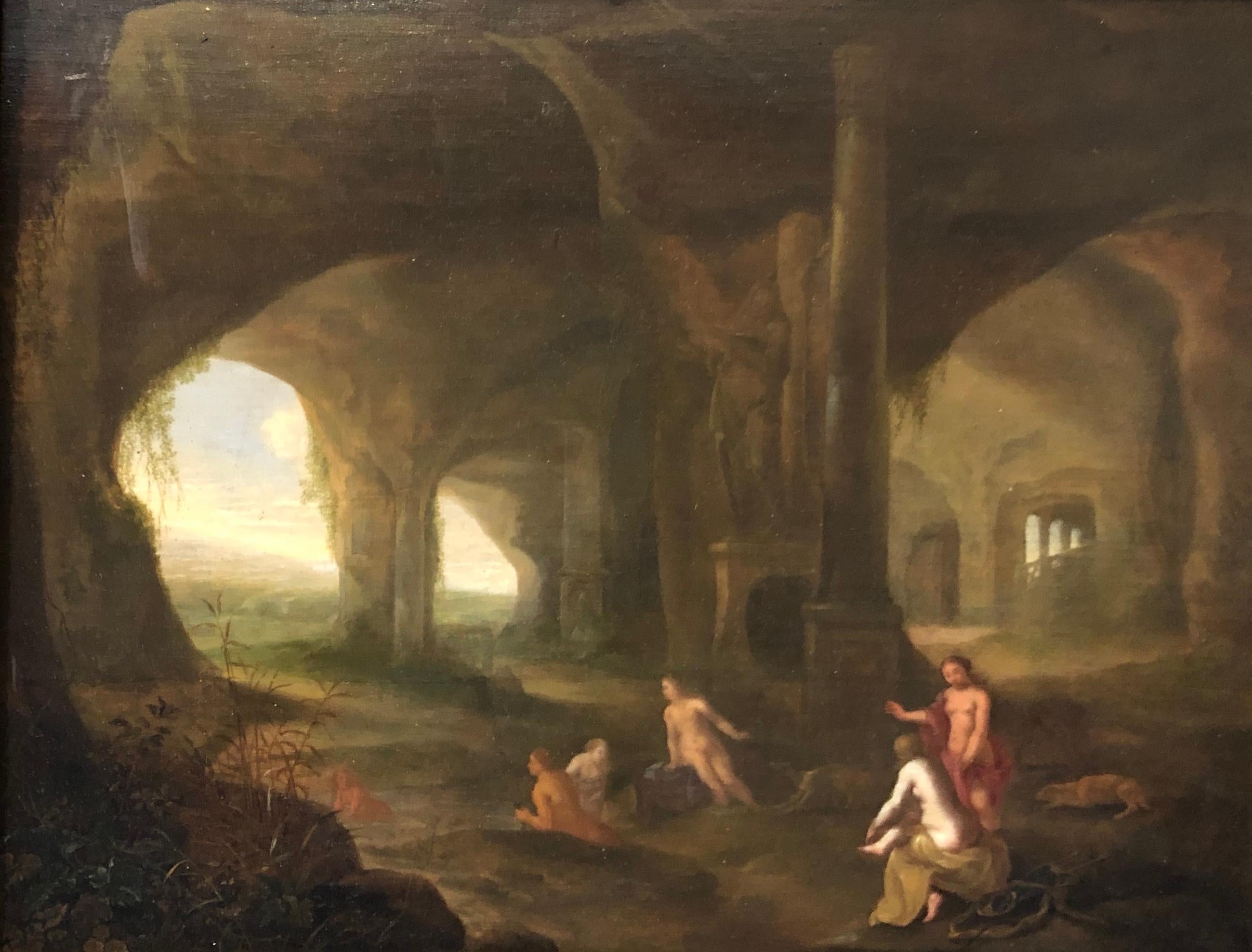 Klassisches Ölgemälde des 17. Jahrhunderts – Diana mit ihren Anhängern in einem Grotto (Alte Meister), Painting, von Abraham van Cuylenborch