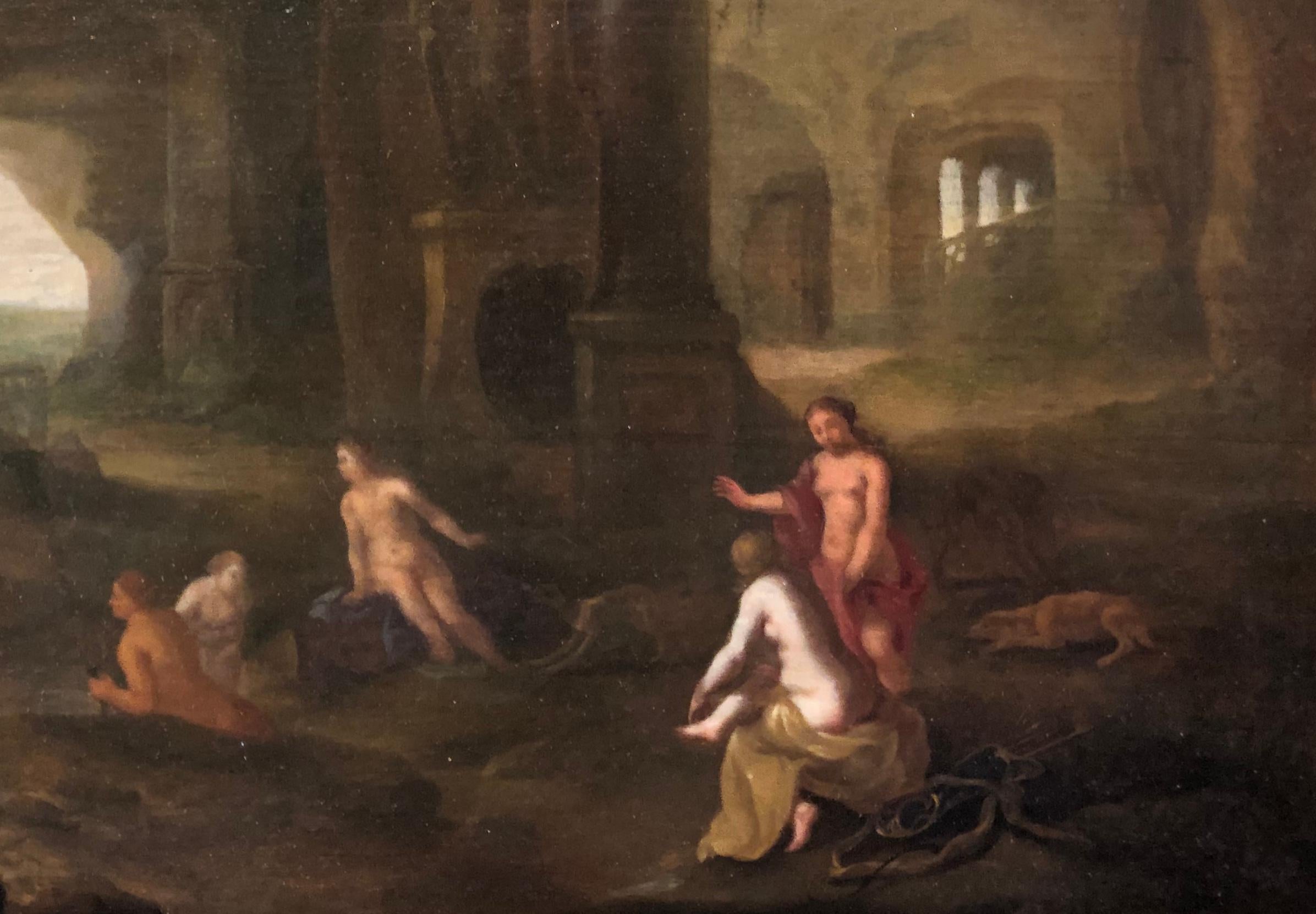 Pittura a olio classica del XVII secolo - Diana con i suoi assistenti in una grotta - Figurative Painting Nero di Abraham van Cuylenborch
