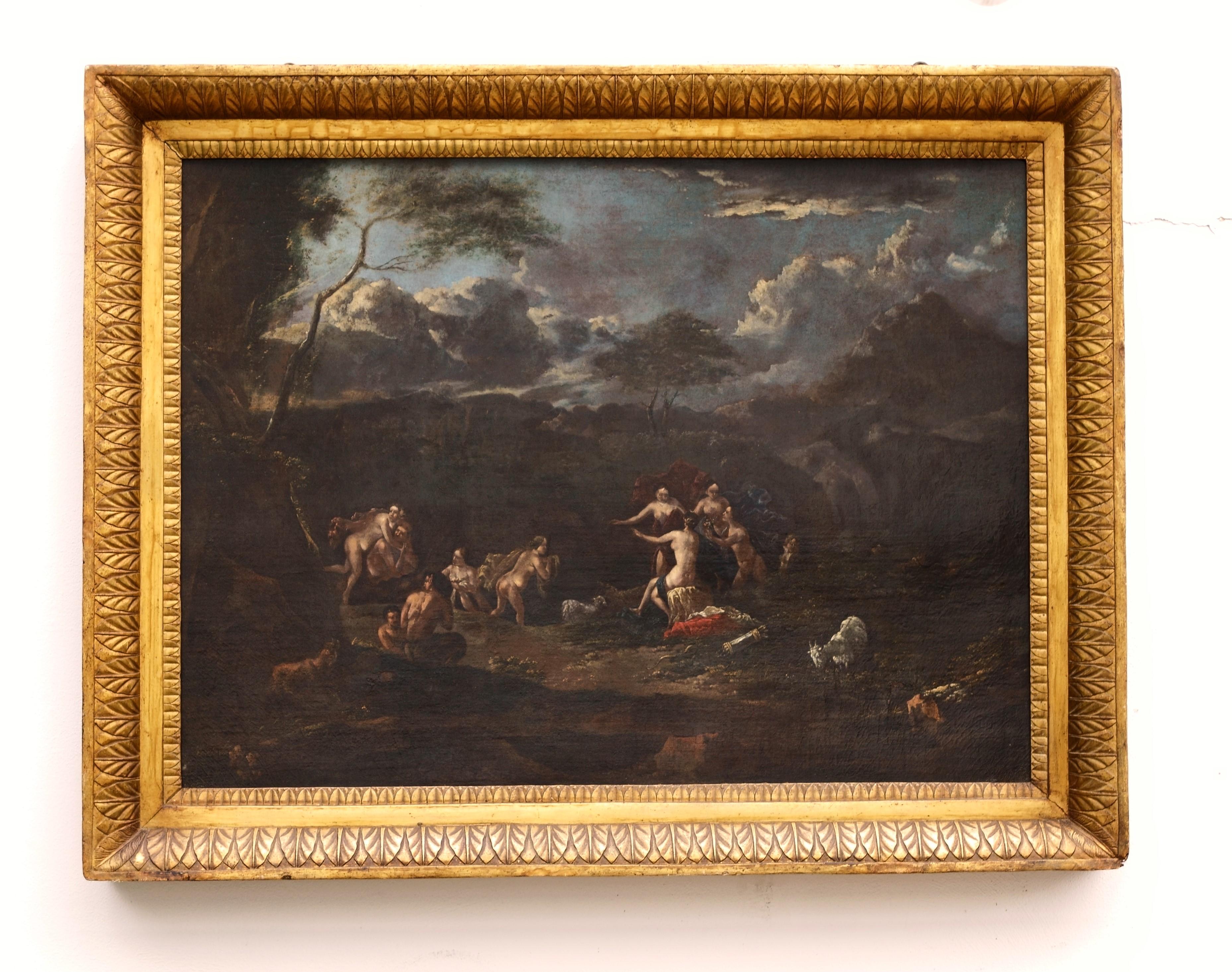 Figurative Painting de Abraham van Cuylenborch - Gran escena mitológica Escuela de Utrecht Siglo XVII Marco Diana y Acteón
