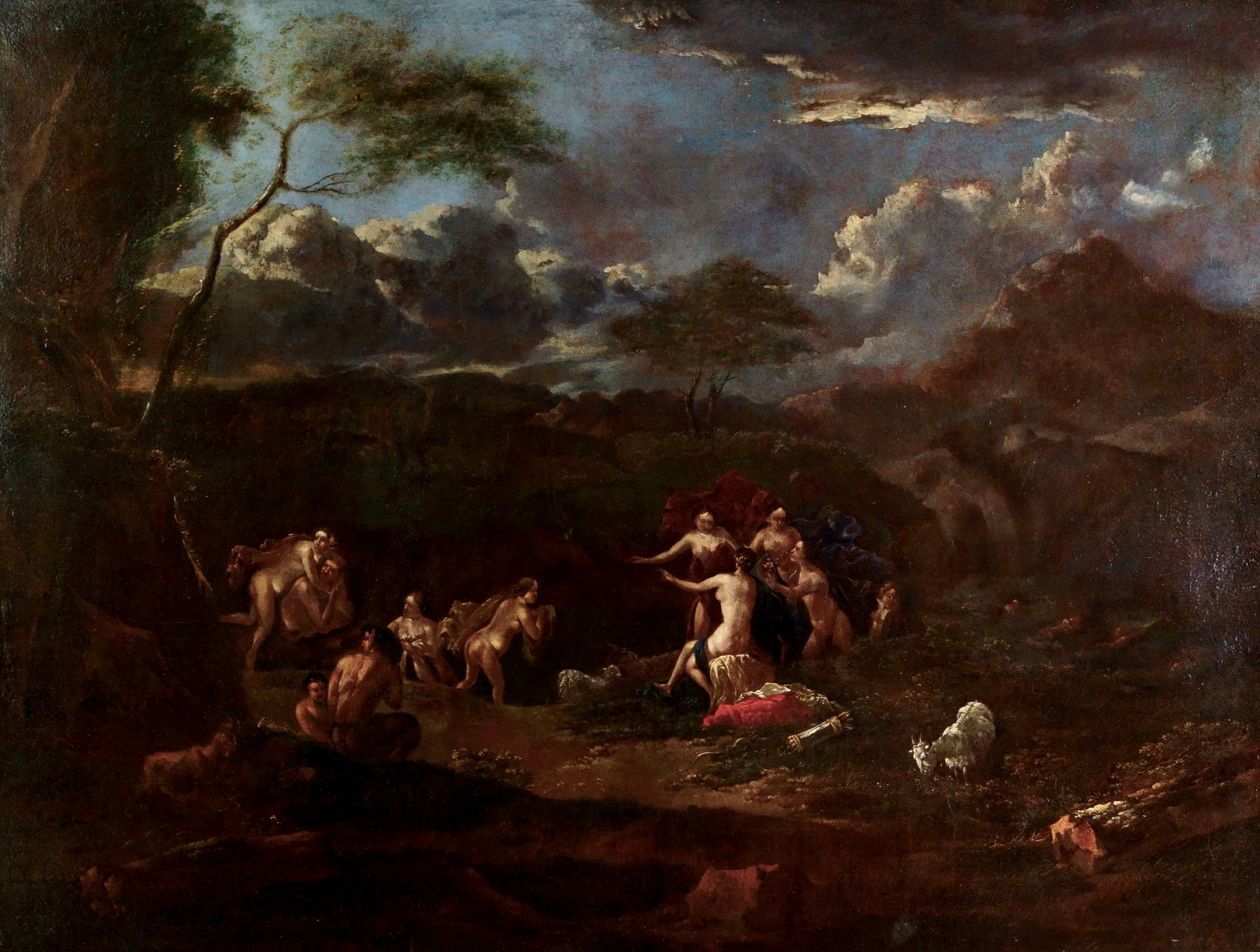 Gran escena mitológica Escuela de Utrecht Siglo XVII Marco Diana y Acteón - Painting de Abraham van Cuylenborch