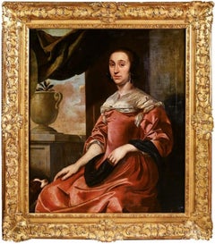 Grand portrait de noble dame et chien hollandaise du 17ème siècle