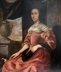 Grand portrait de noble dame et chien hollandaise du 17ème siècle