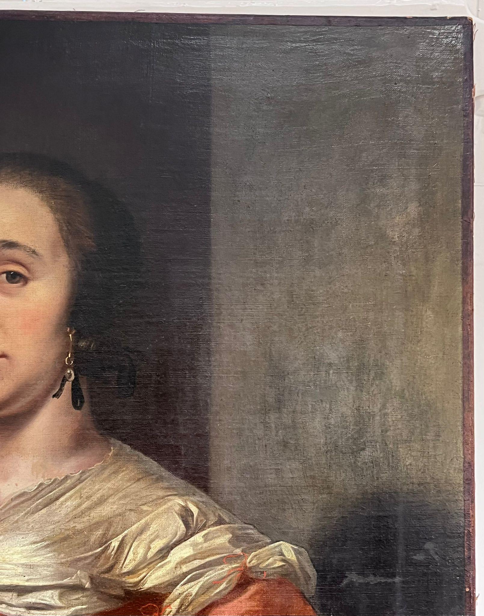 Enorme pintura al óleo holandesa del siglo XVII Retrato de dama noble y perro - Painting Antiguos maestros de Abraham van den Tempel