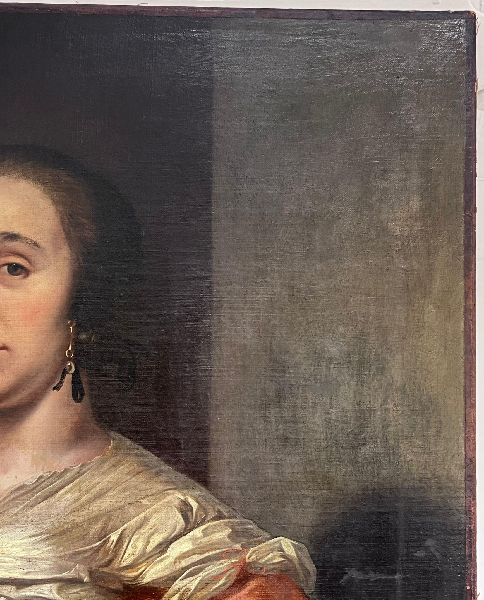 Enorme pintura al óleo holandesa del siglo XVII Retrato de dama noble y perro - Figurative Painting Negro de Abraham van den Tempel