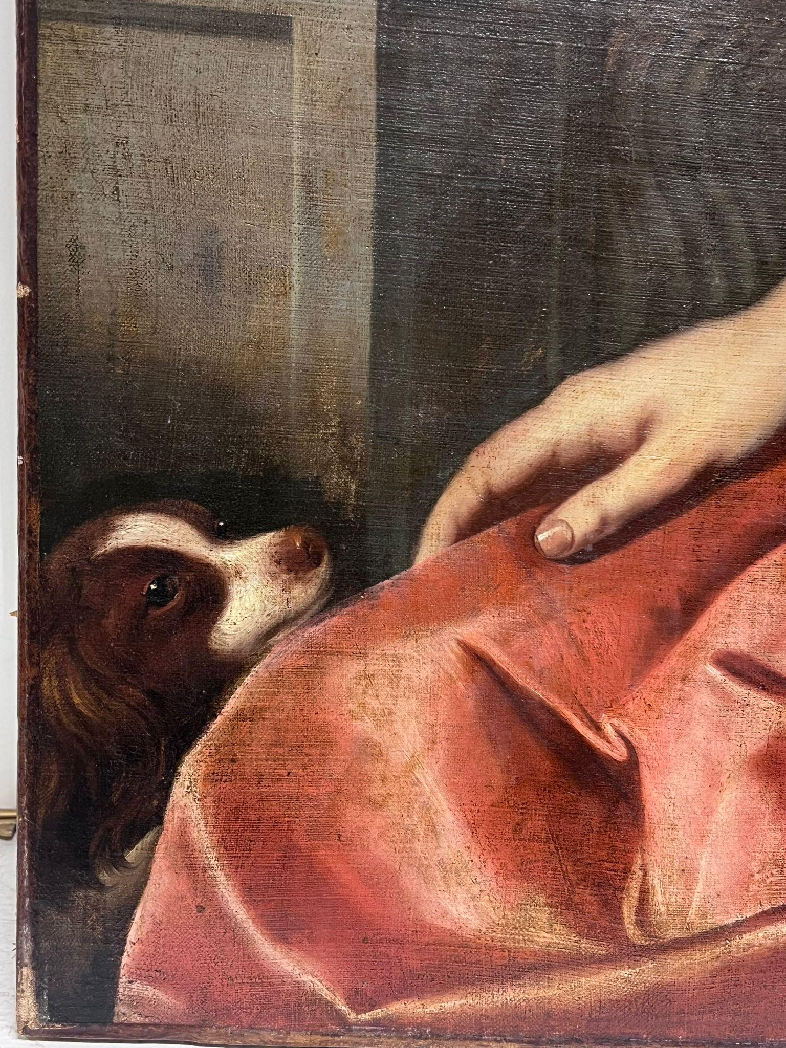 Enorme pintura al óleo holandesa del siglo XVII Retrato de dama noble y perro en venta 2