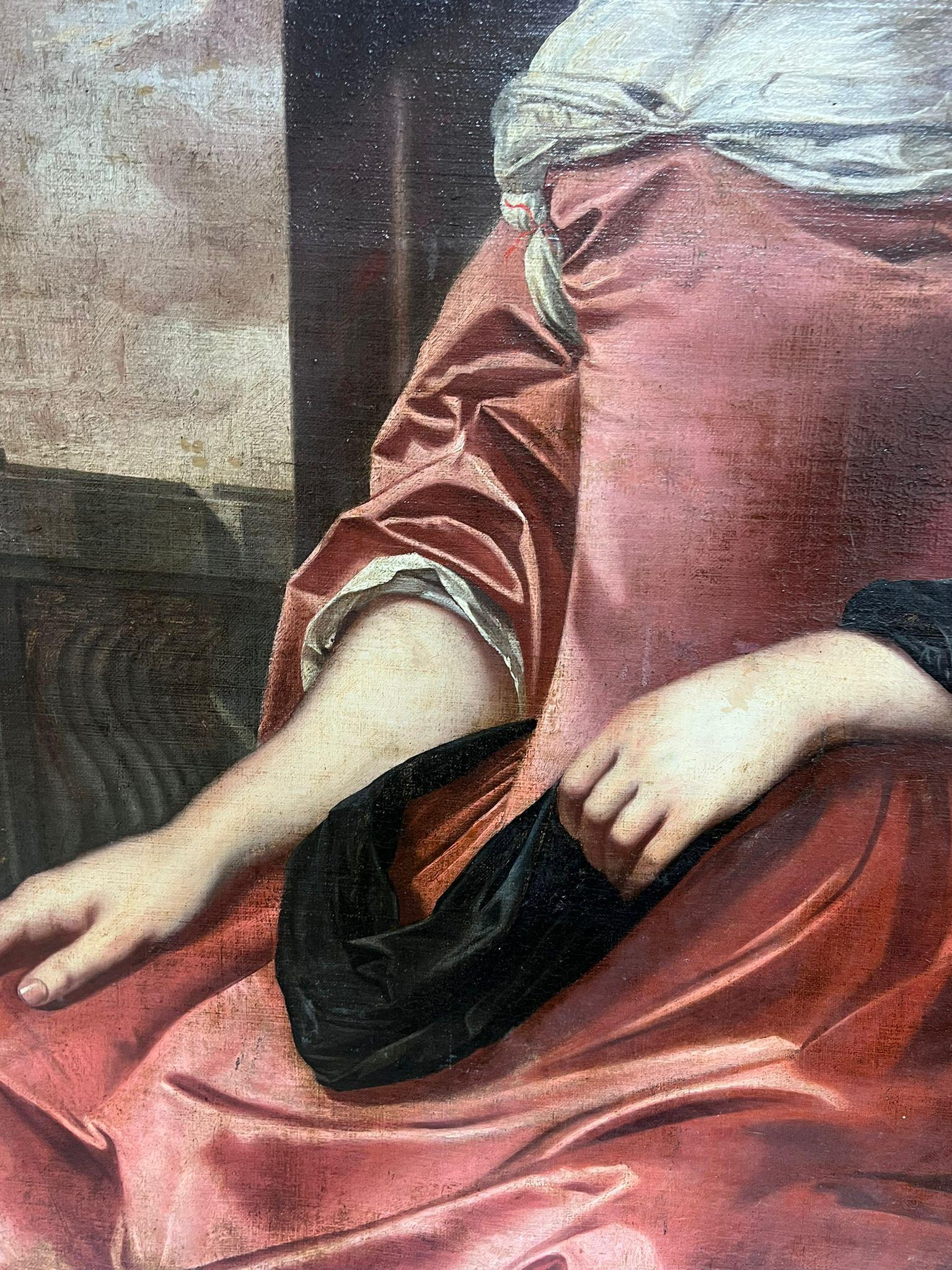 Enorme pintura al óleo holandesa del siglo XVII Retrato de dama noble y perro en venta 3