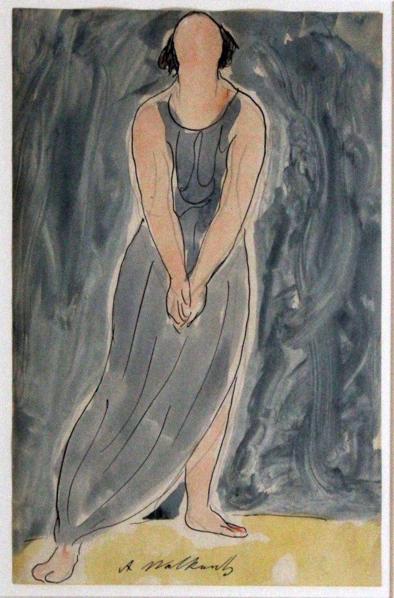 For your consideration is a sweet ink and watercolor drawing of a woman in a blue dress signed by American artist Abraham Walkowitz. Dimensions: 22.5” H x 18” W (framed). In excellent condition. 

Abraham Walkowitz was an Russian-American painter