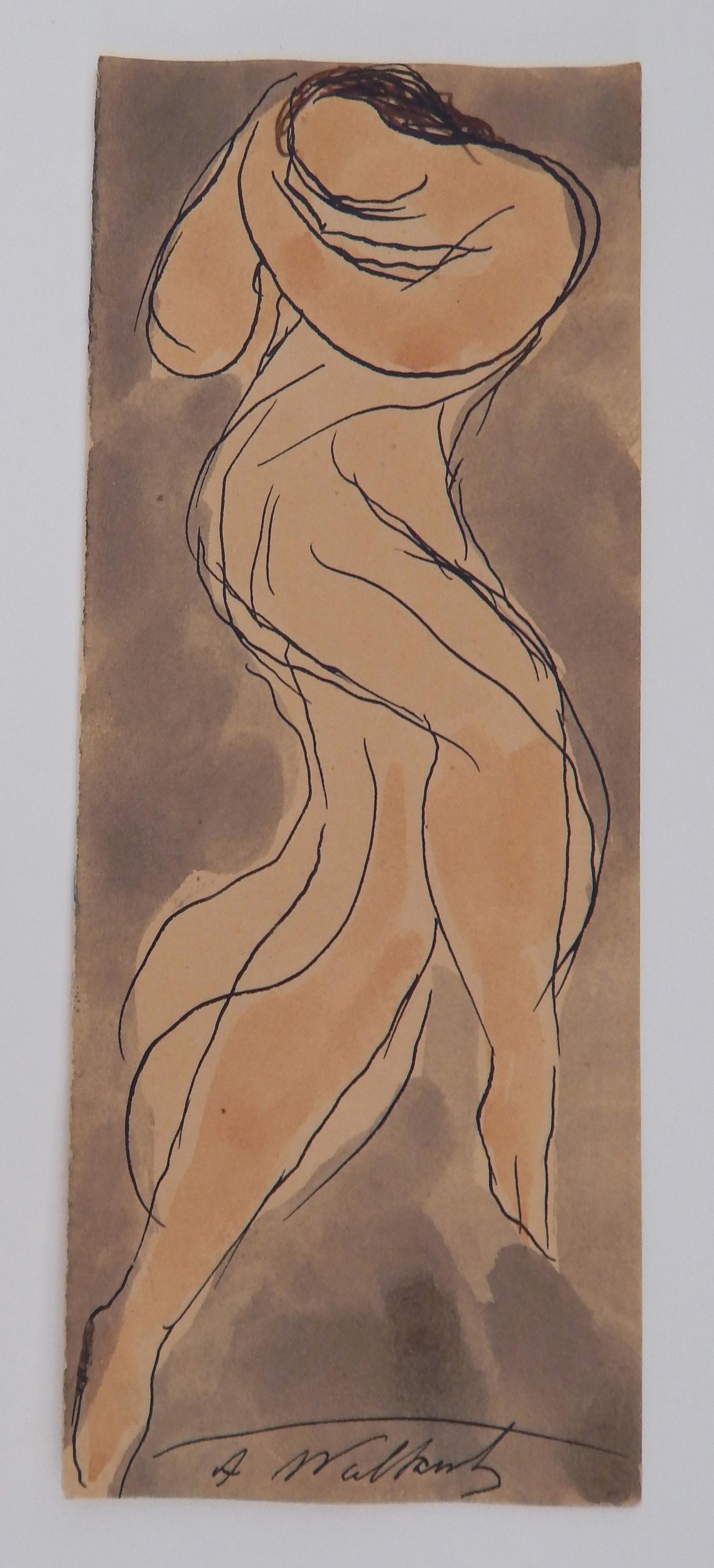 Plume et encre originales avec aquarelle du moderniste américain Abraham Walkowitz (1878-1965)
Il représente l'un de ses sujets favoris, Isadora Duncan, la 