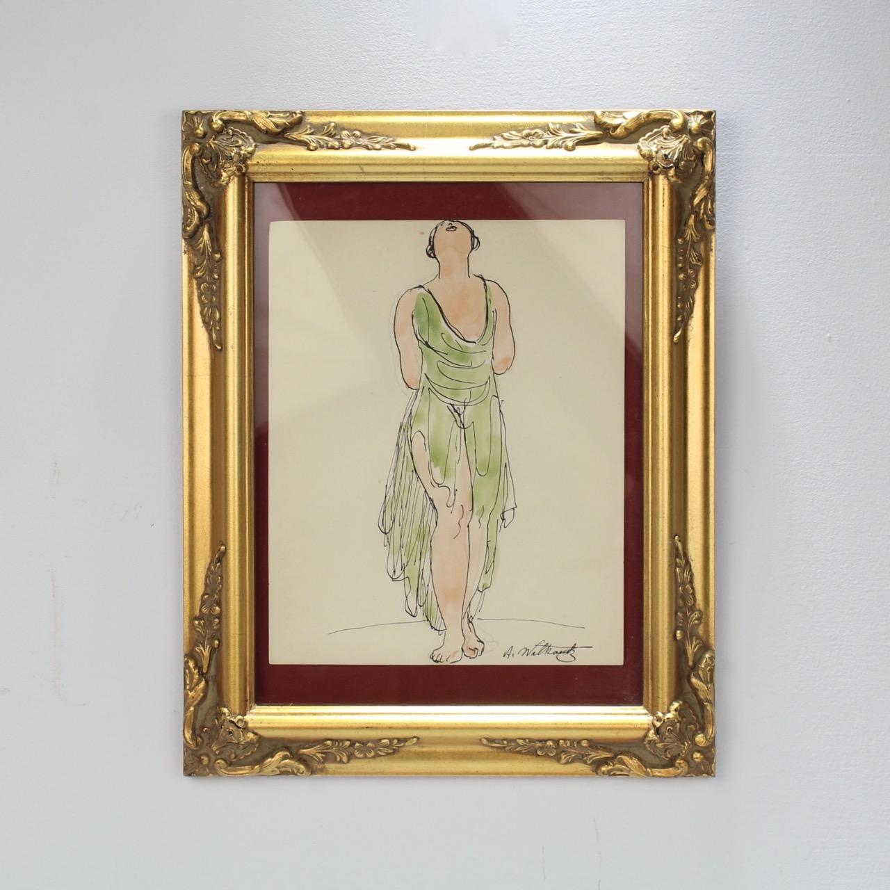 A fine drawing in ink and watercolor on paper of the modernist dancer Isadora Duncan by Abraham Walkowitz.

Walkowitz (1878-1965) had an intimate artistic relationship with Duncan. He drew her in dance literally thousands of times. 

This image