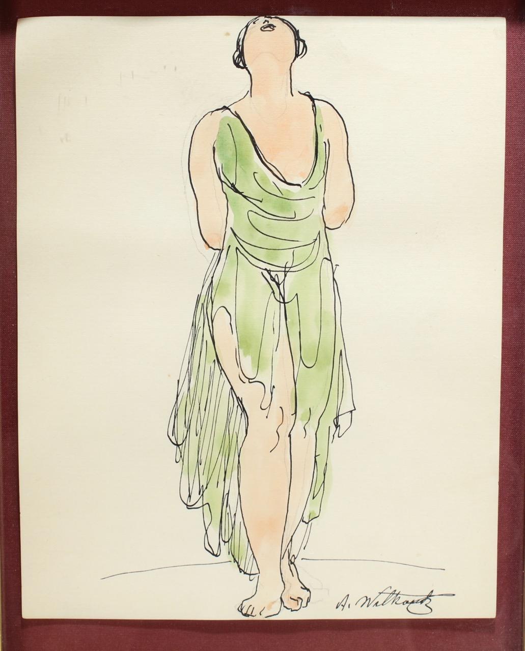 Modern Abraham Walkowitz Ink Drawing of Ballet Dancer Isadora Duncan in Green