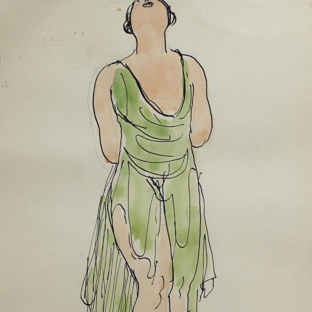 American Abraham Walkowitz Ink Drawing of Ballet Dancer Isadora Duncan in Green
