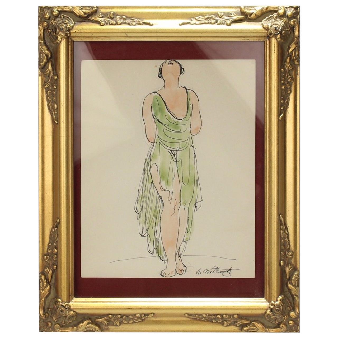 Abraham Walkowitz - Dessin à l
encre représentant la danseuse de ballet Isadora Duncan en vert