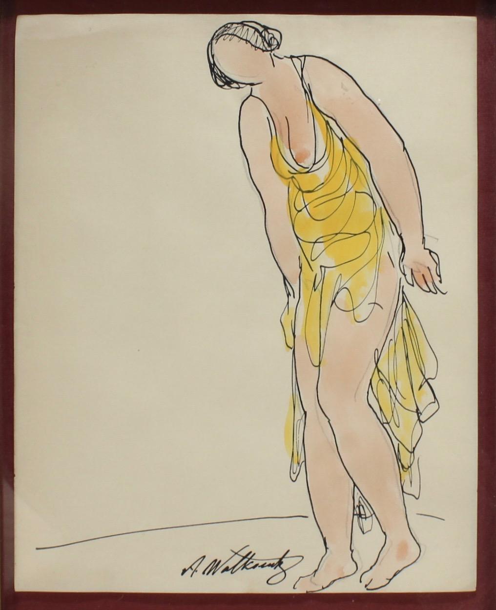 Modern Abraham Walkowitz Ink Drawing of Ballet Dancer Isadora Duncan in Yellow For Sale