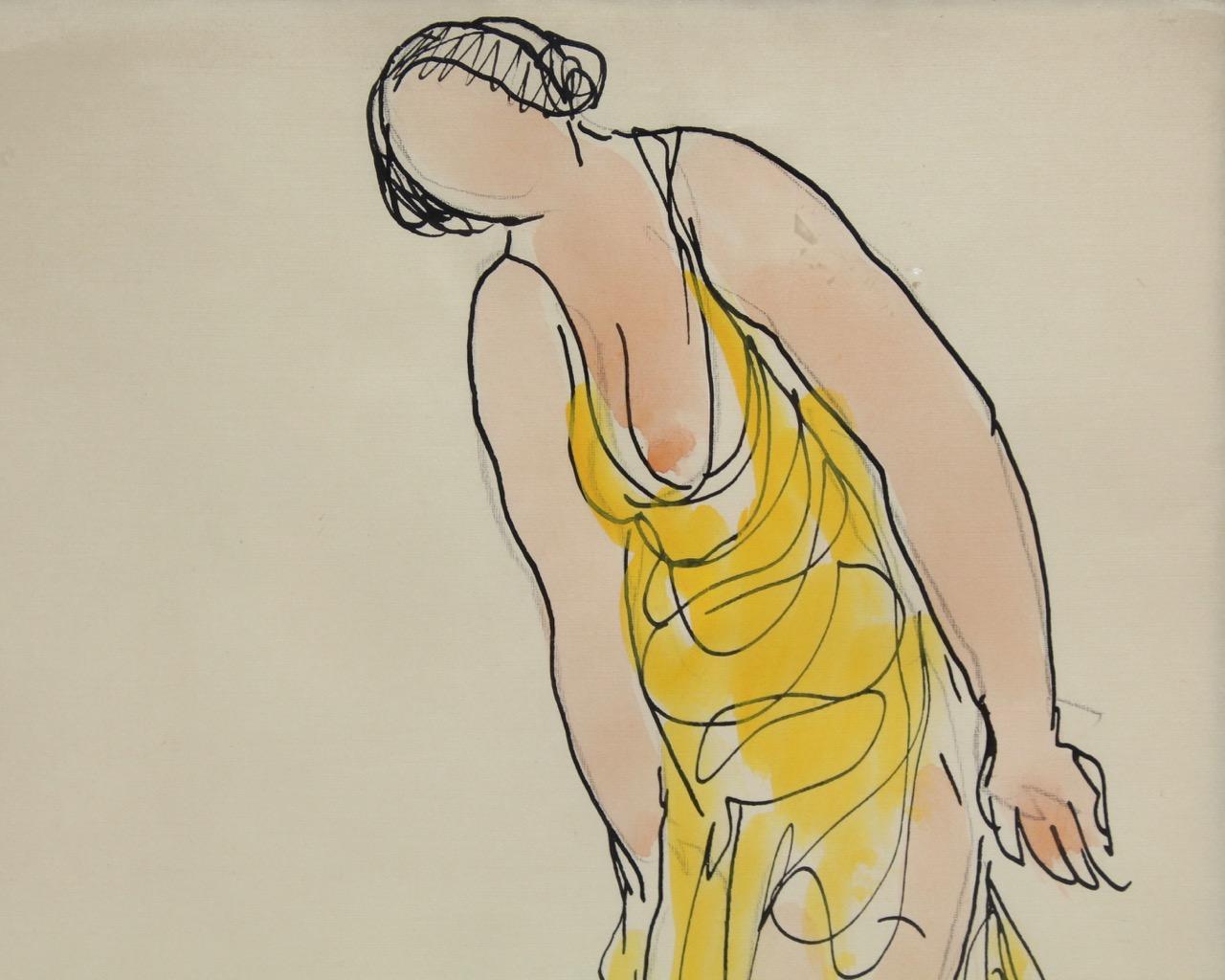 Painted Abraham Walkowitz Ink Drawing of Ballet Dancer Isadora Duncan in Yellow For Sale