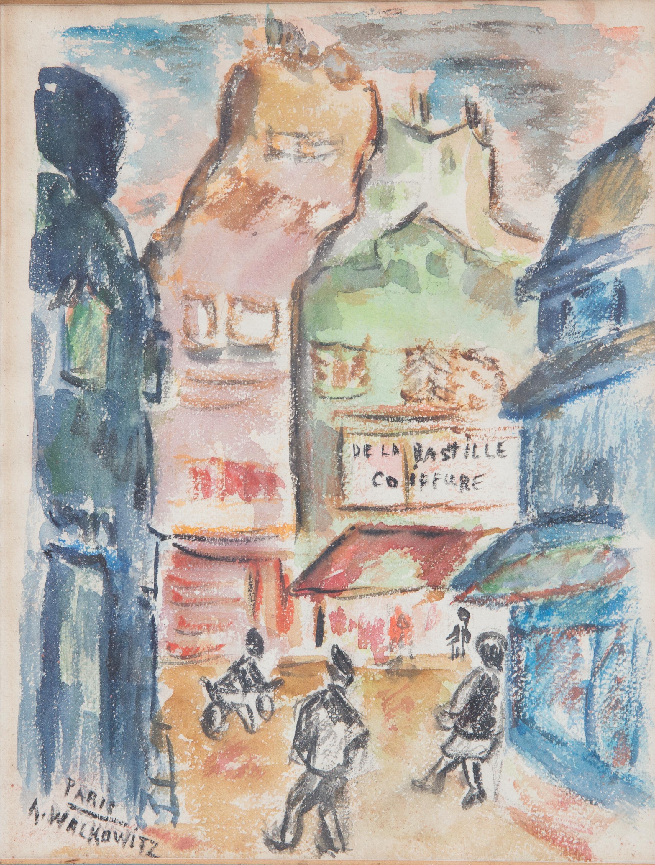Offered is an original signed Abraham modernist watercolor depicting a stylized Paris street scene, dating from the early 20th century. Walkowitz was an American painter grouped in with early American Modernists working in the Modernist style.